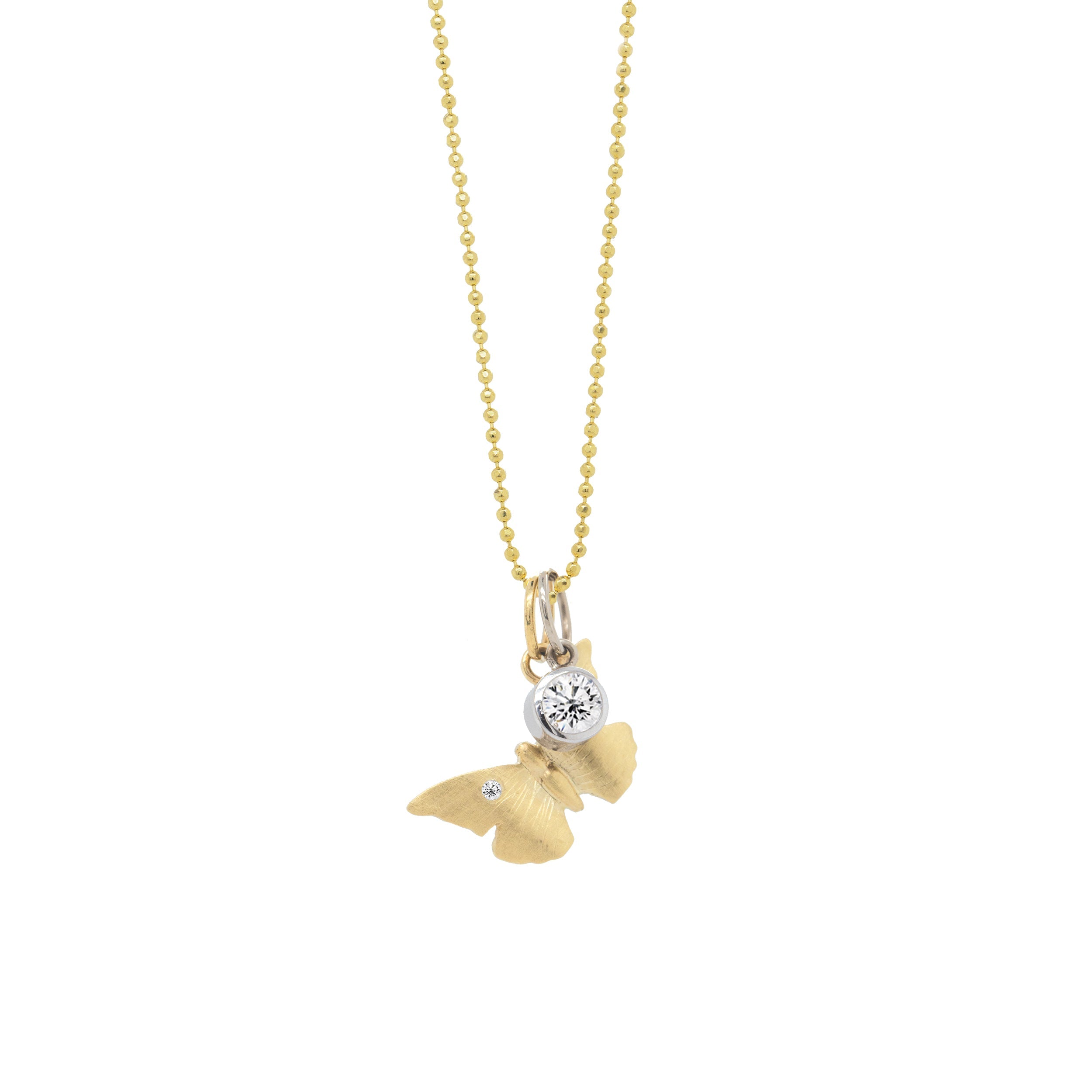 14k yellow Gold hand etched butterfly pendant necklace with white diamond and bezel set white diamond charm on diamond cut ball chain on a white background