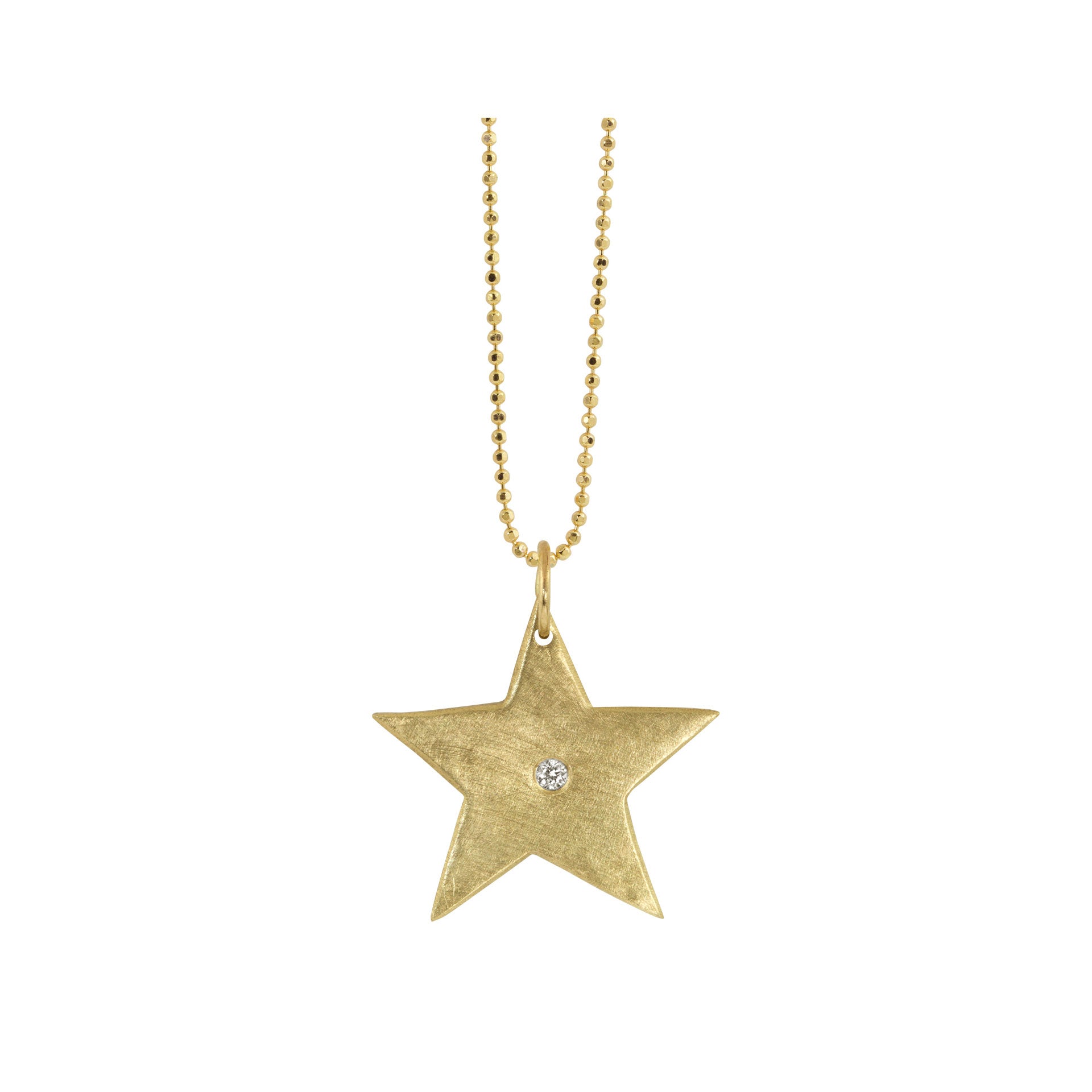 14k yellow gold satin star pendant charm with center white diamond accent on diamond cut ball chain on white background