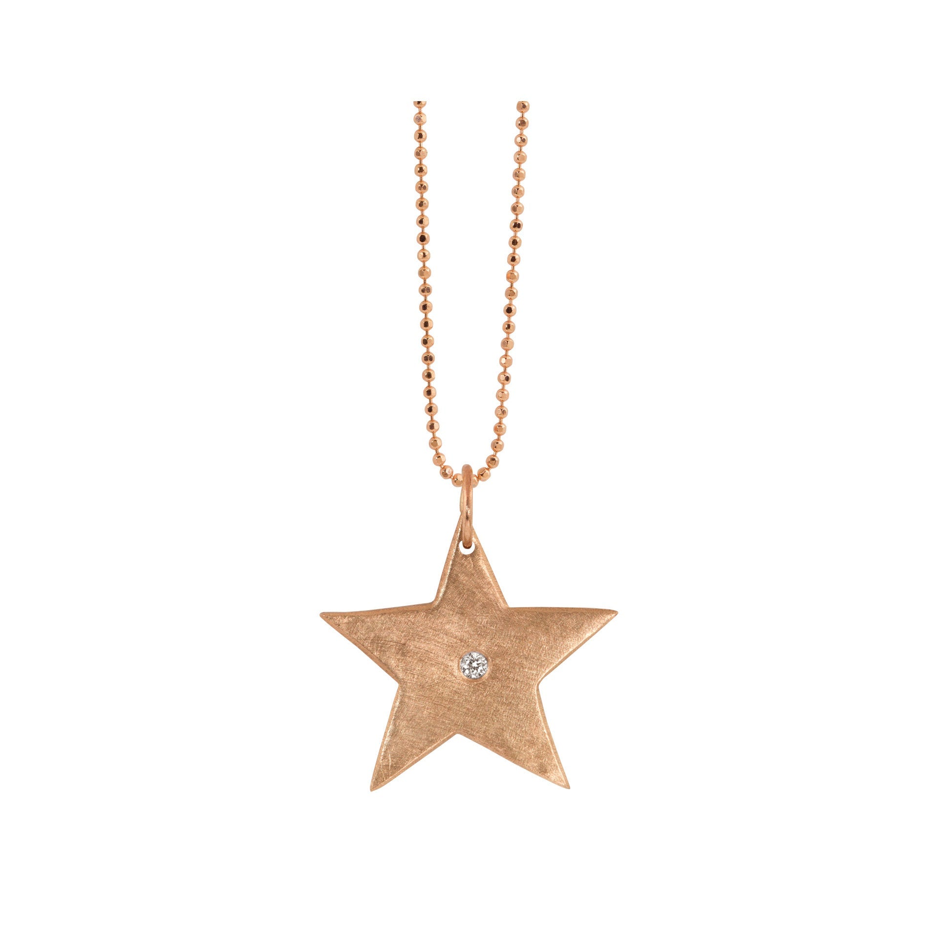 14k rose gold satin star pendant charm with center white diamond accent on diamond cut ball chain on white background