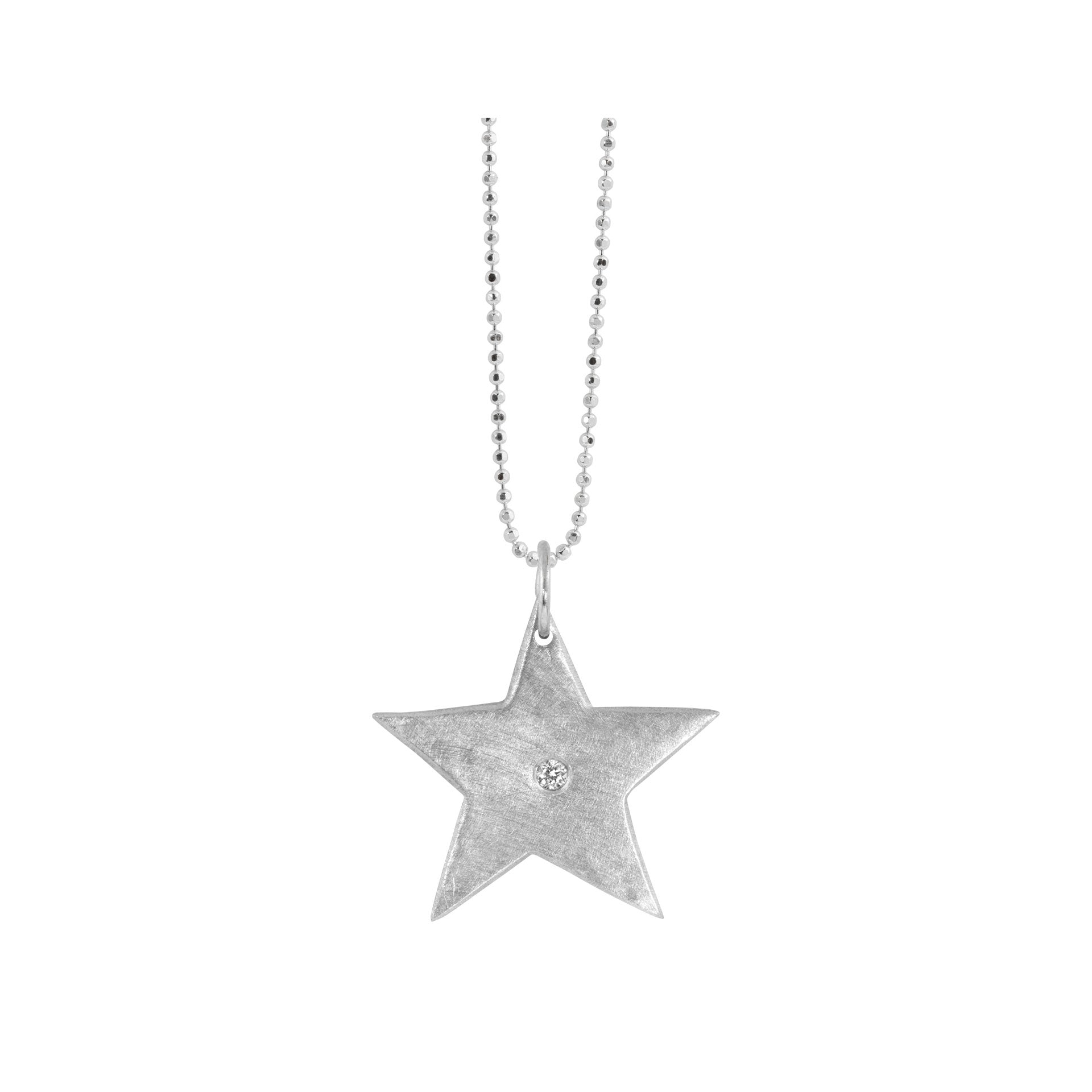 14k white gold satin star pendant charm with center white diamond accent on diamond cut ball chain on white background