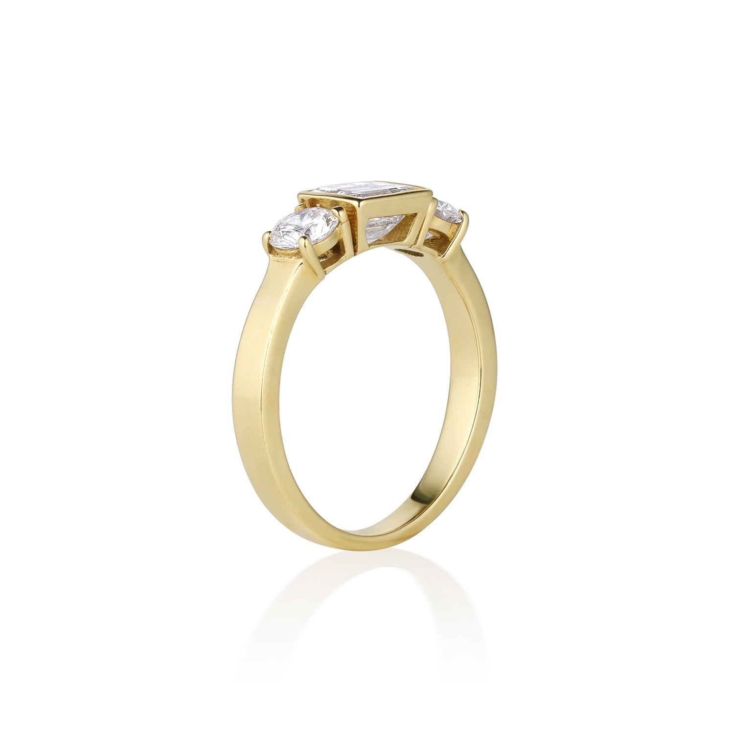 14k Yellow Gold Princess Cut Three Stone Diamond Engagement Ring on white background side view