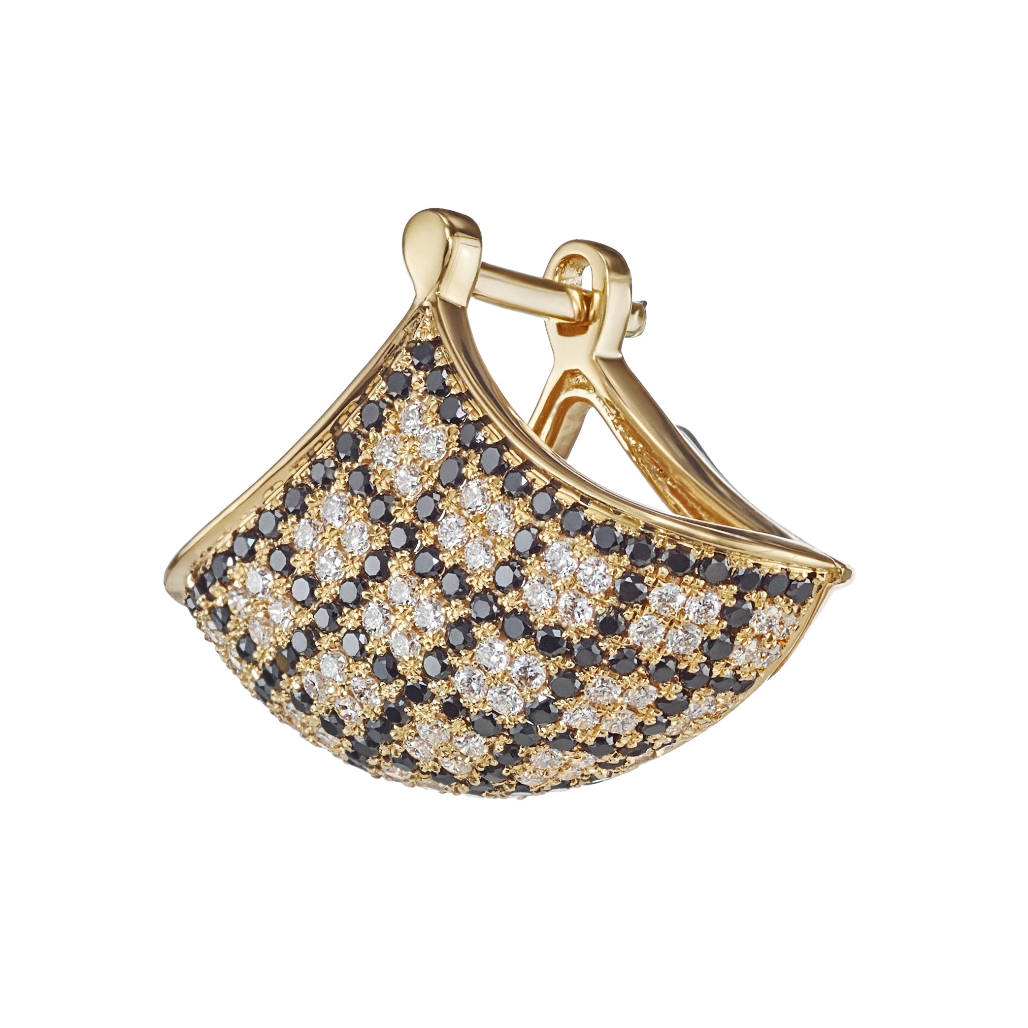 Gold earrings with black and white gemstones on a white background