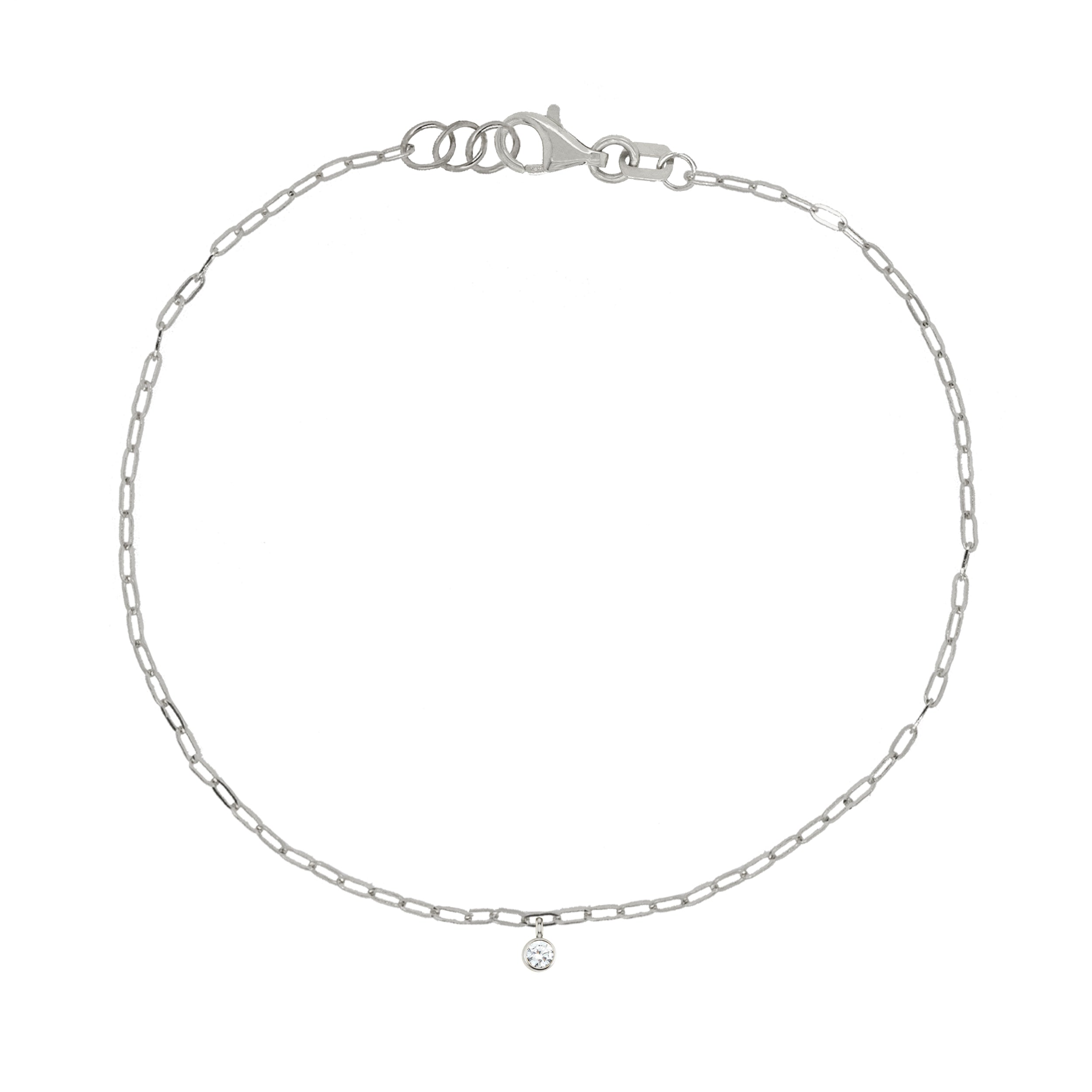 14k white gold paperclip chain bracelet with bezel set gemstone charm on white background