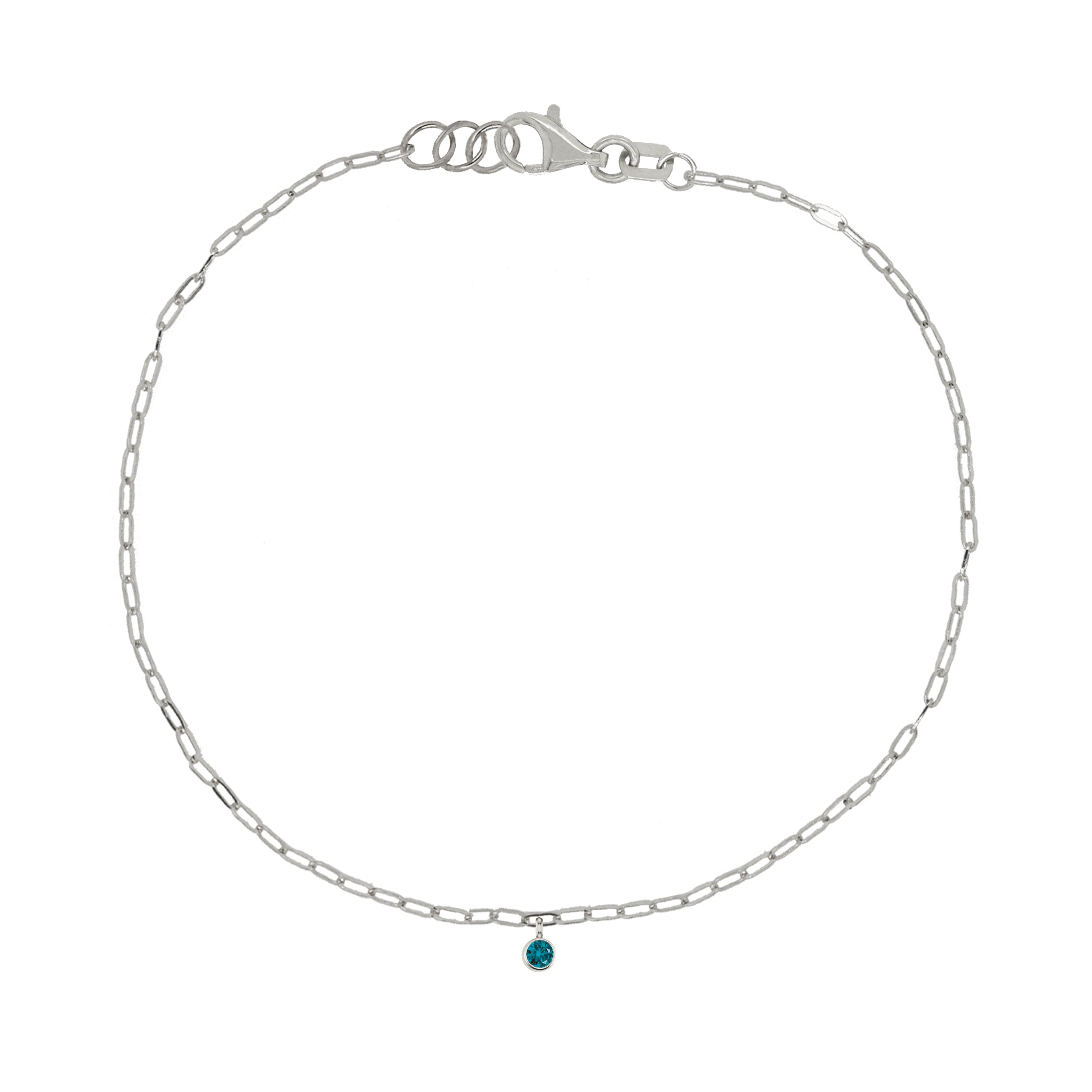 14k white gold paperclip chain bracelet with bezel set gemstone charm on white background