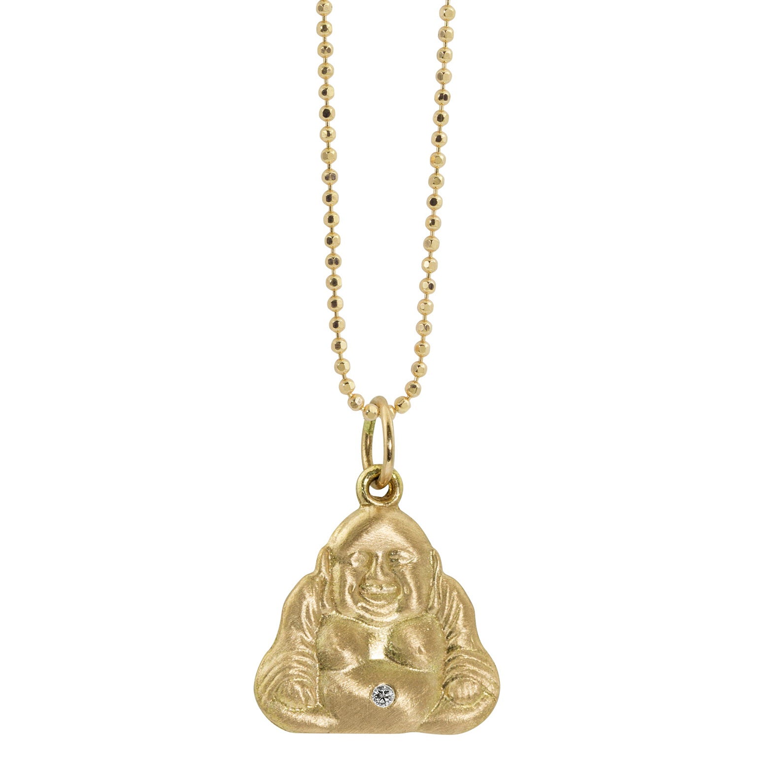 14k yellow gold small buddha charm pendant with white diamond accent on diamond cut ball chain on white background