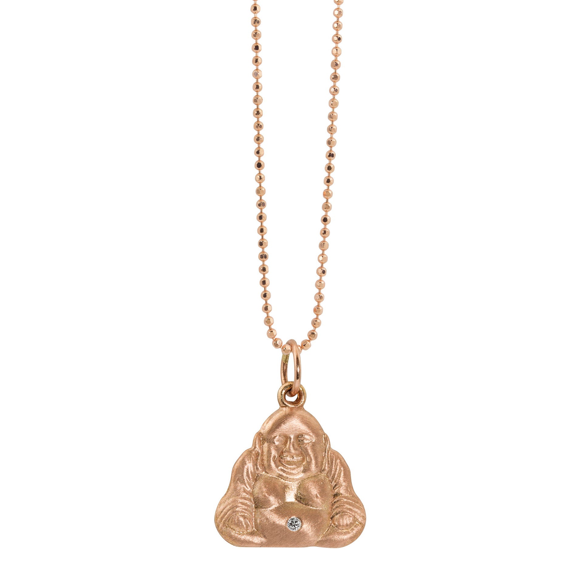 14k rose gold small buddha charm pendant with white diamond accent on diamond cut ball chain on white background
