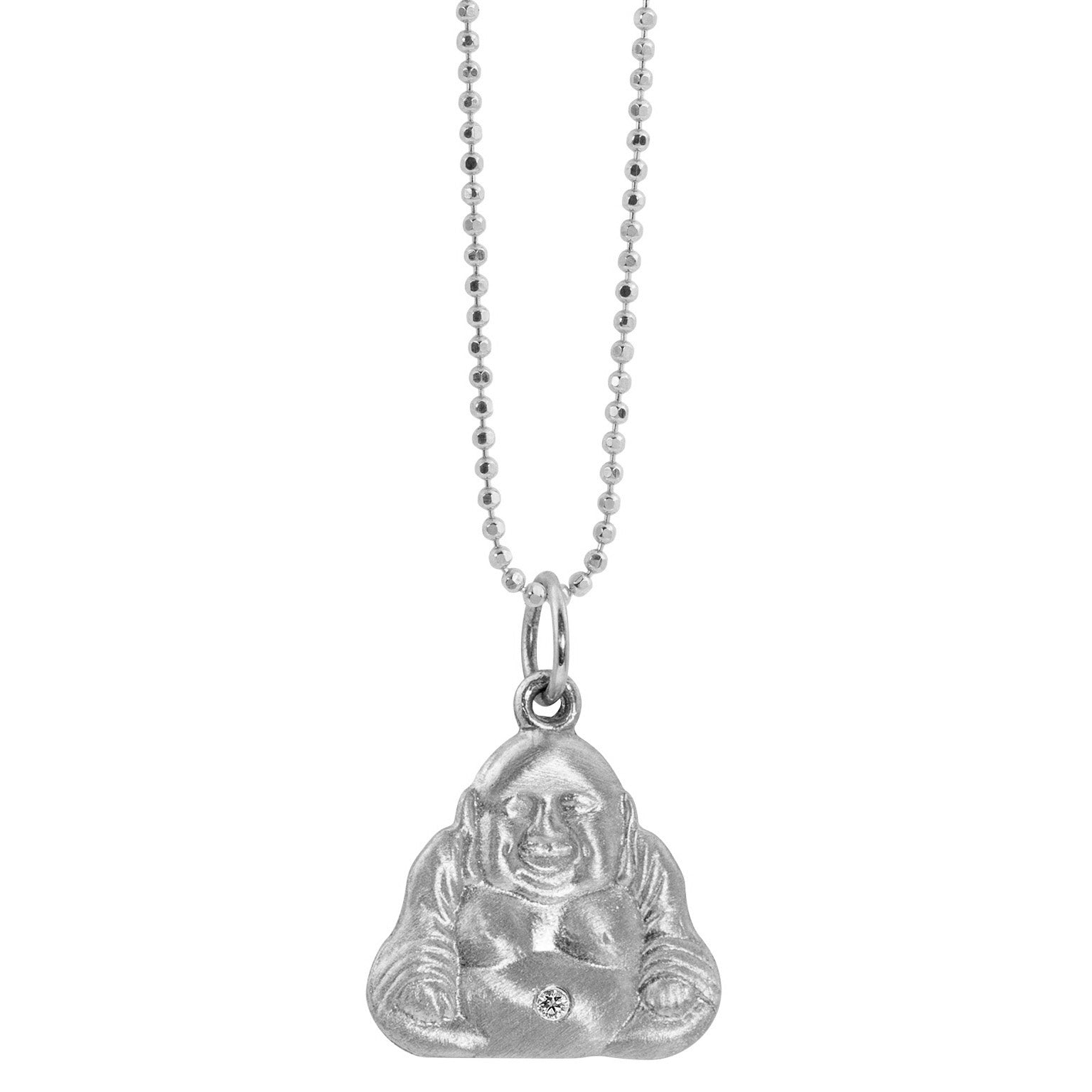 14k white gold small buddha charm pendant with white diamond accent on diamond cut ball chain on white background