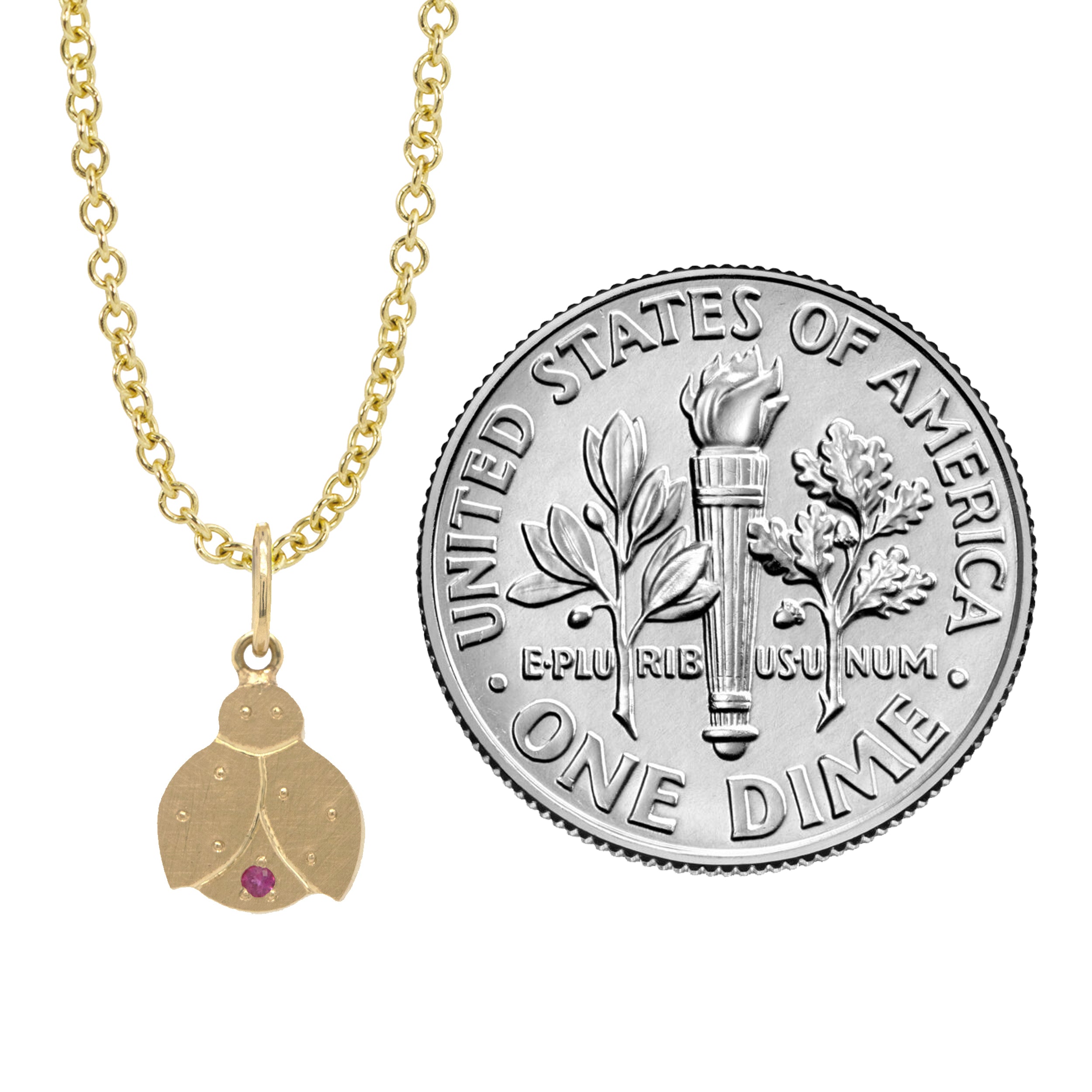14k yellow gold ladybug charm with pink sapphire accent on rolo chain on white background with size comparison
