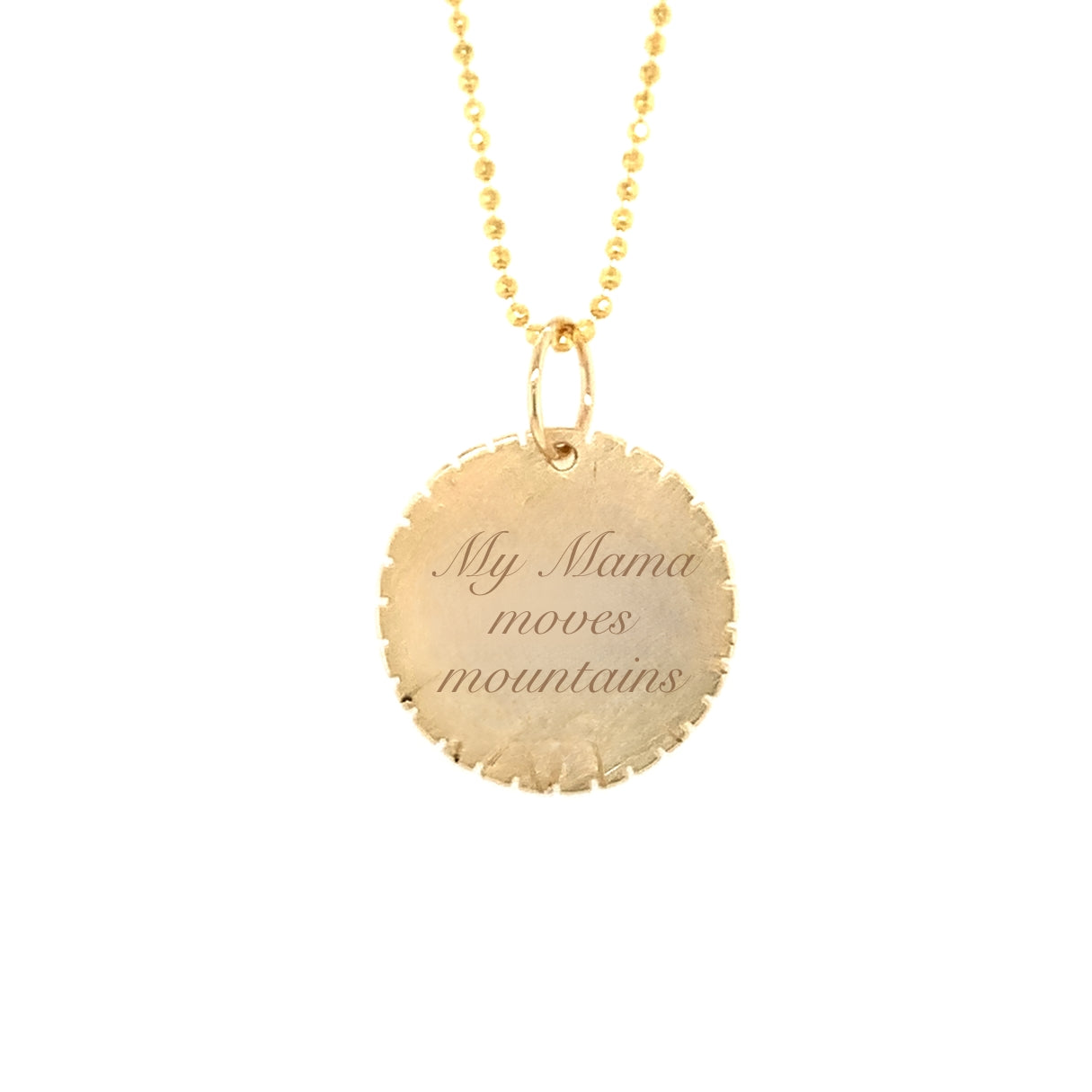 14k gold round pendant with mountains etching and white diamond details.