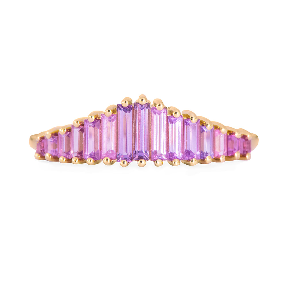 Gold ring with pink gemstones on a white background