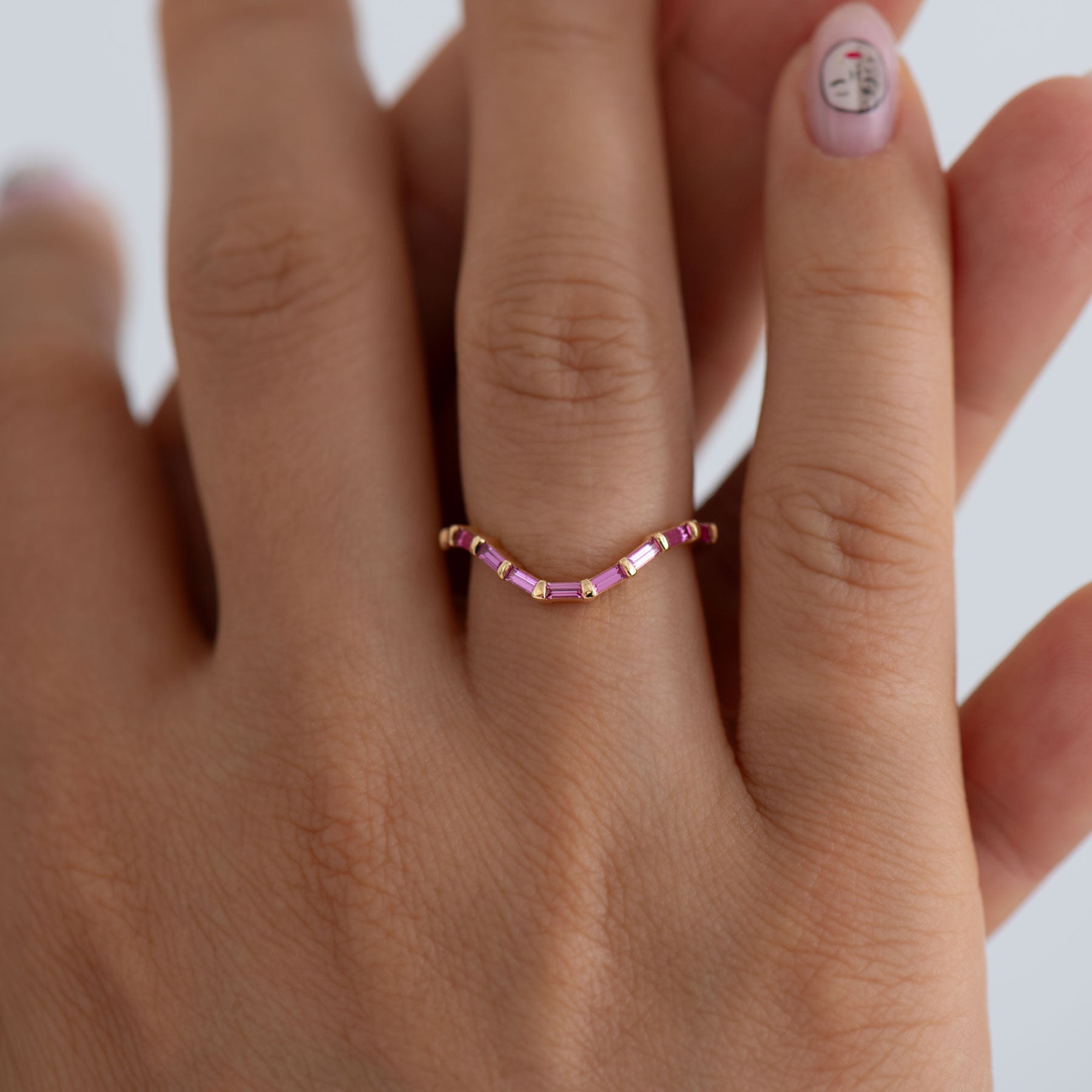 Hand wearing a pink gemstone ring on a white background