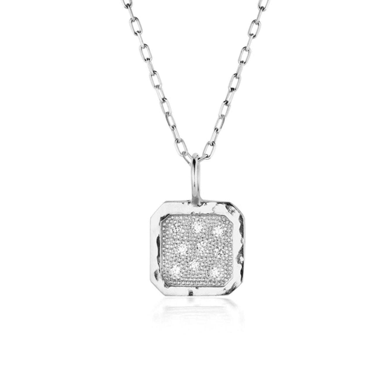 White gold necklace with a square pendant scattered diamondson a white background