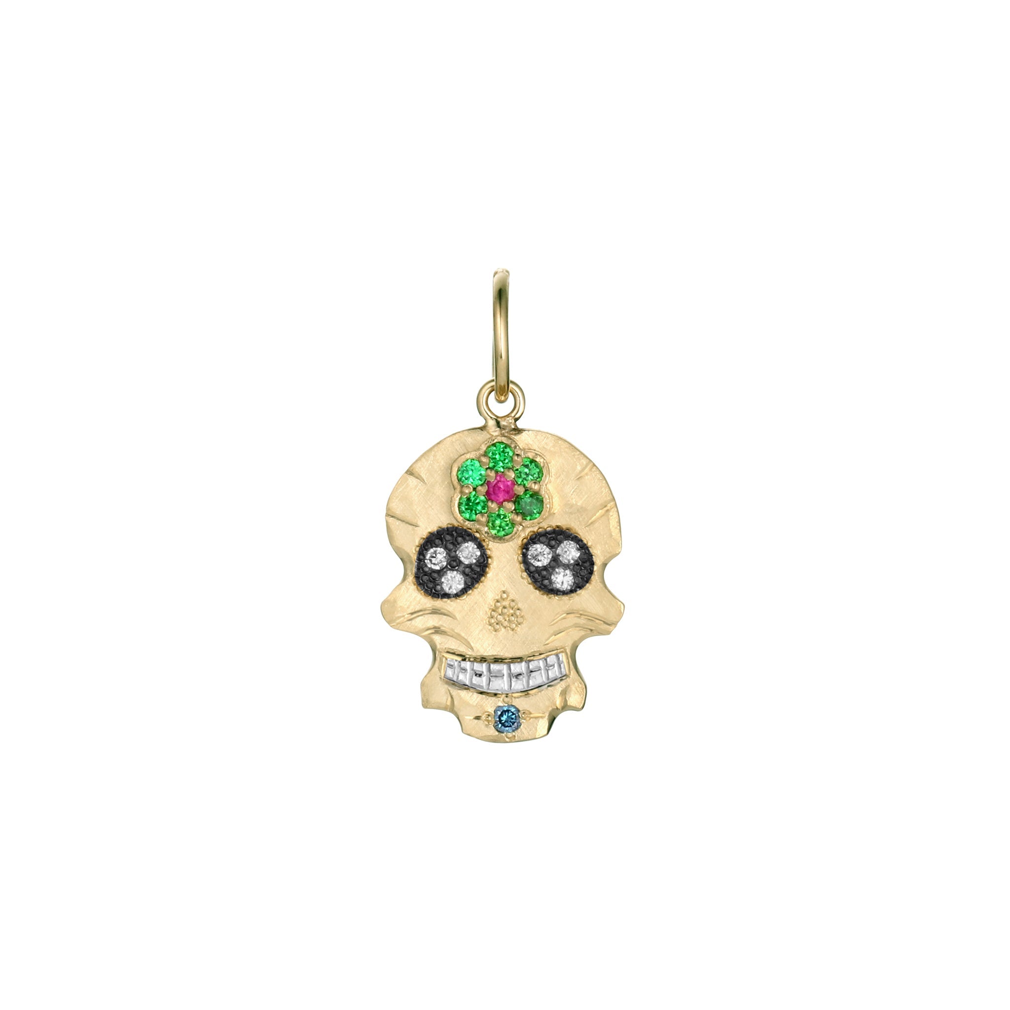 14k yellow gold ghostrider pendant necklace with white diamonds and colored gemstones on a white background