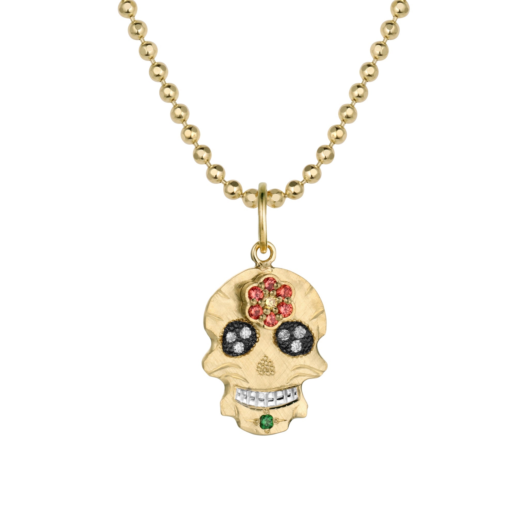 14k yellow gold ghostrider pendant necklace with white diamonds and colored gemstones on a diamond cut ball chain on a white background