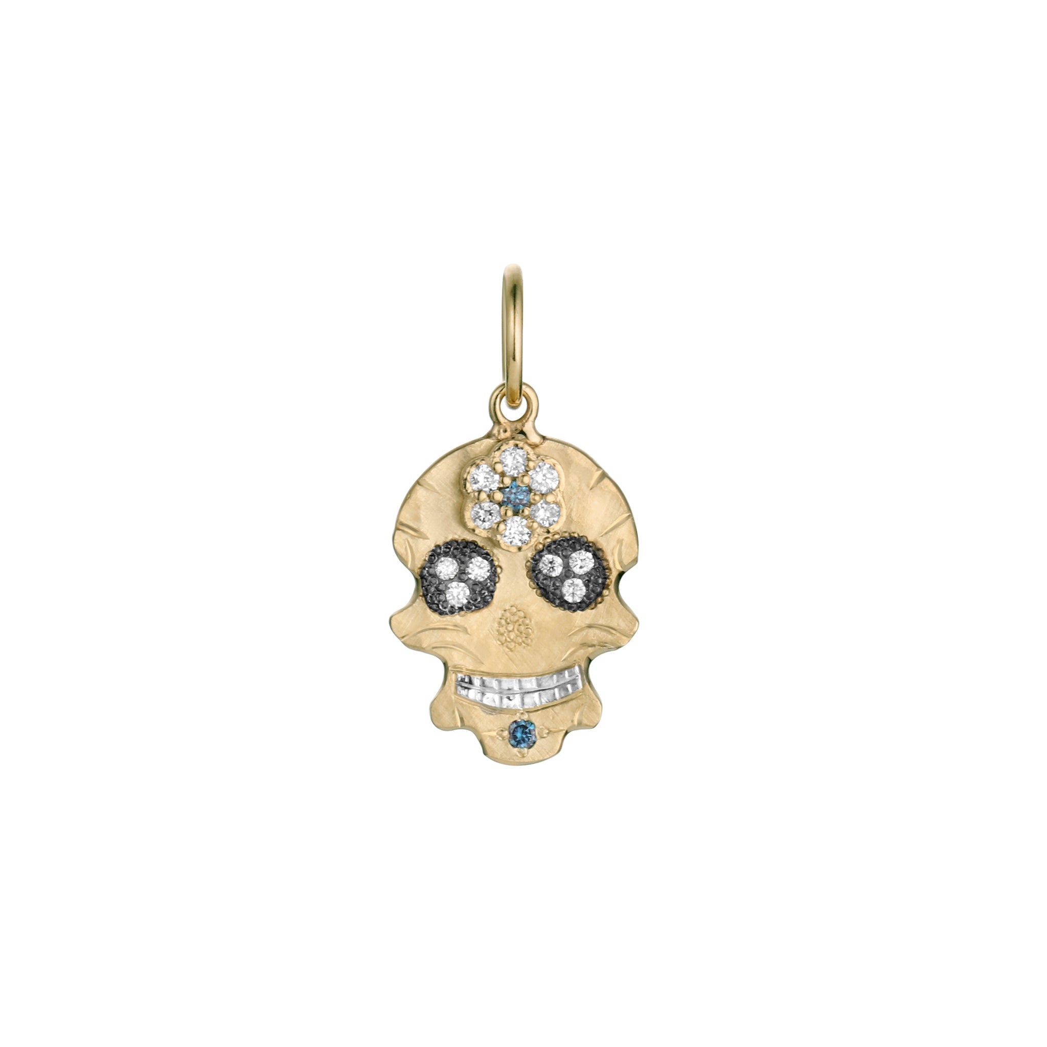14k yellow gold ghostrider pendant necklace with white diamonds and colored gemstones on a white background