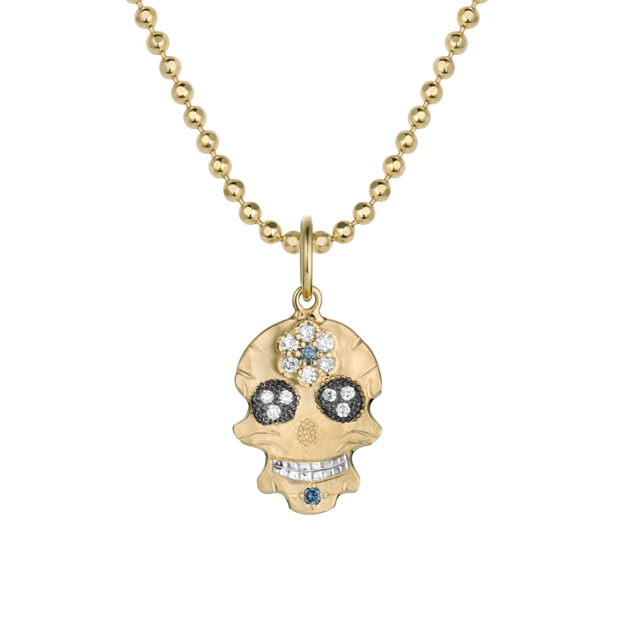 14k yellow gold ghostrider pendant necklace with white diamonds and colored gemstones on a diamond cut ball chain on a white background