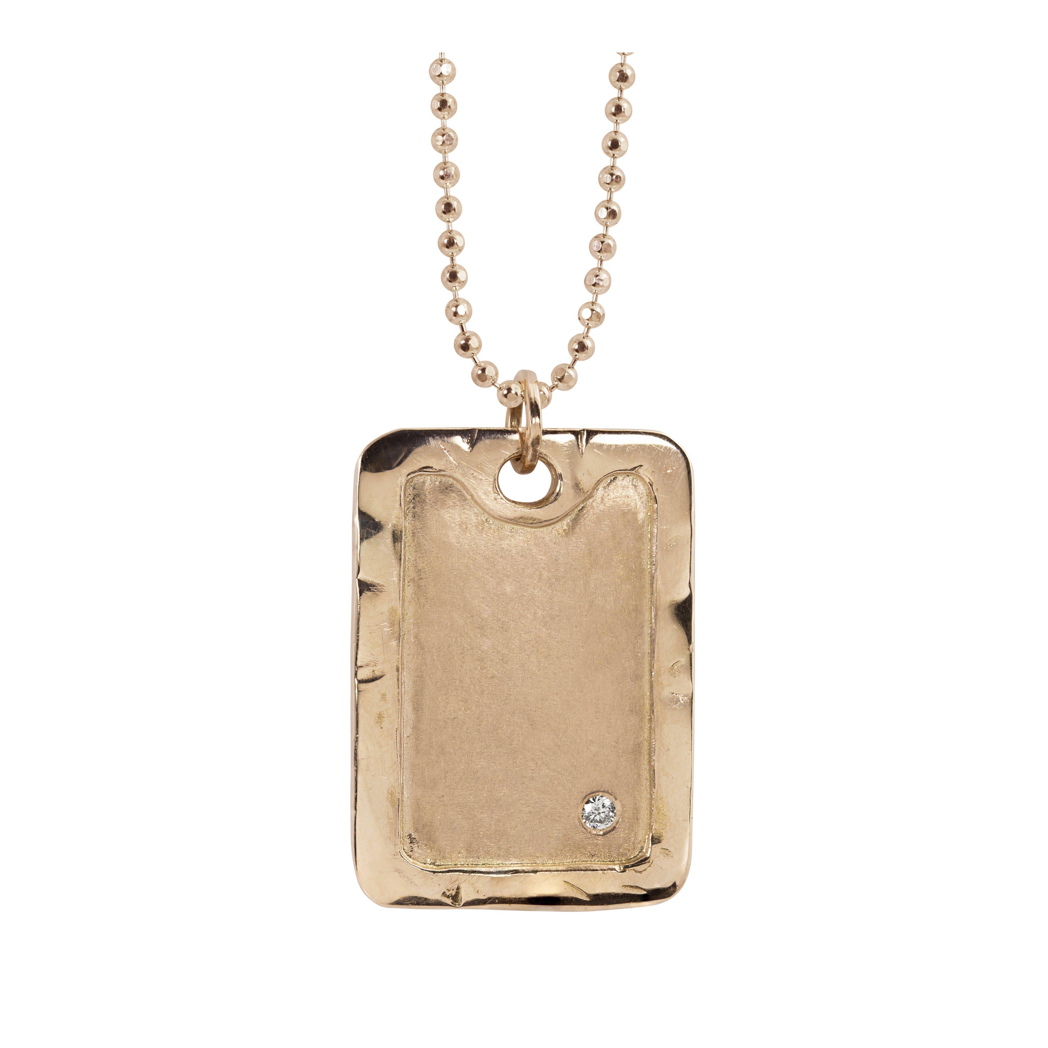14k rose gold large rectangular dog tag pendant with an offset white diamond raised hammered polished border on a diamond cut ball chain on a white background