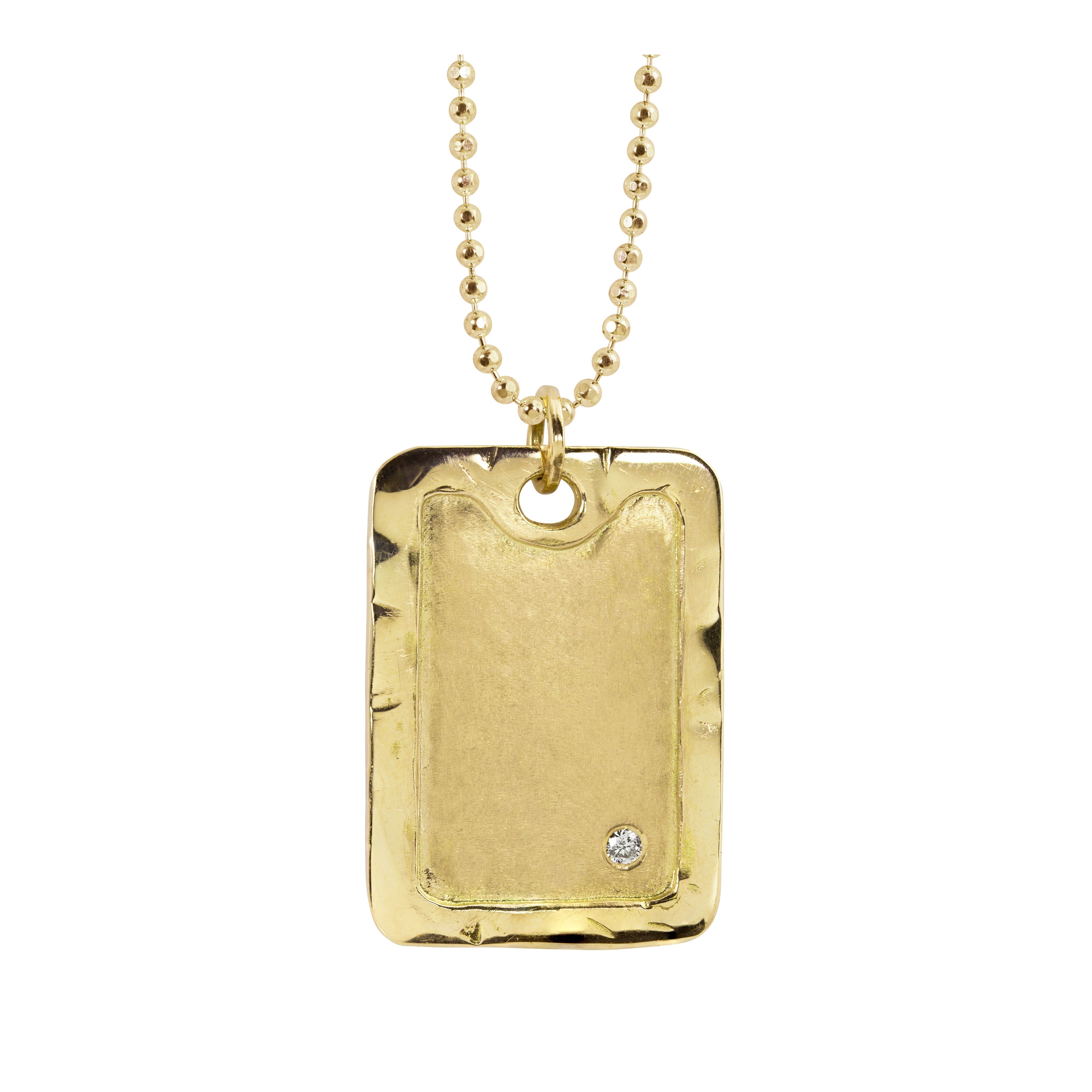 14k yellow gold large rectangular dog tag pendant with an offset white diamond raised hammered polished border on a diamond cut ball chain on a white background