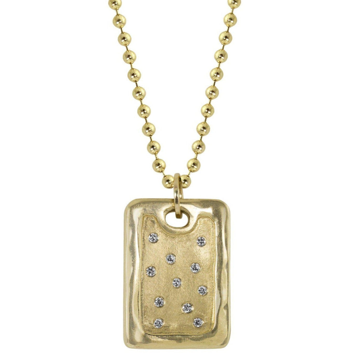 14k yellow gold necklace with a rectangular pendant with scattered white diamonds on a ball chain on a white background