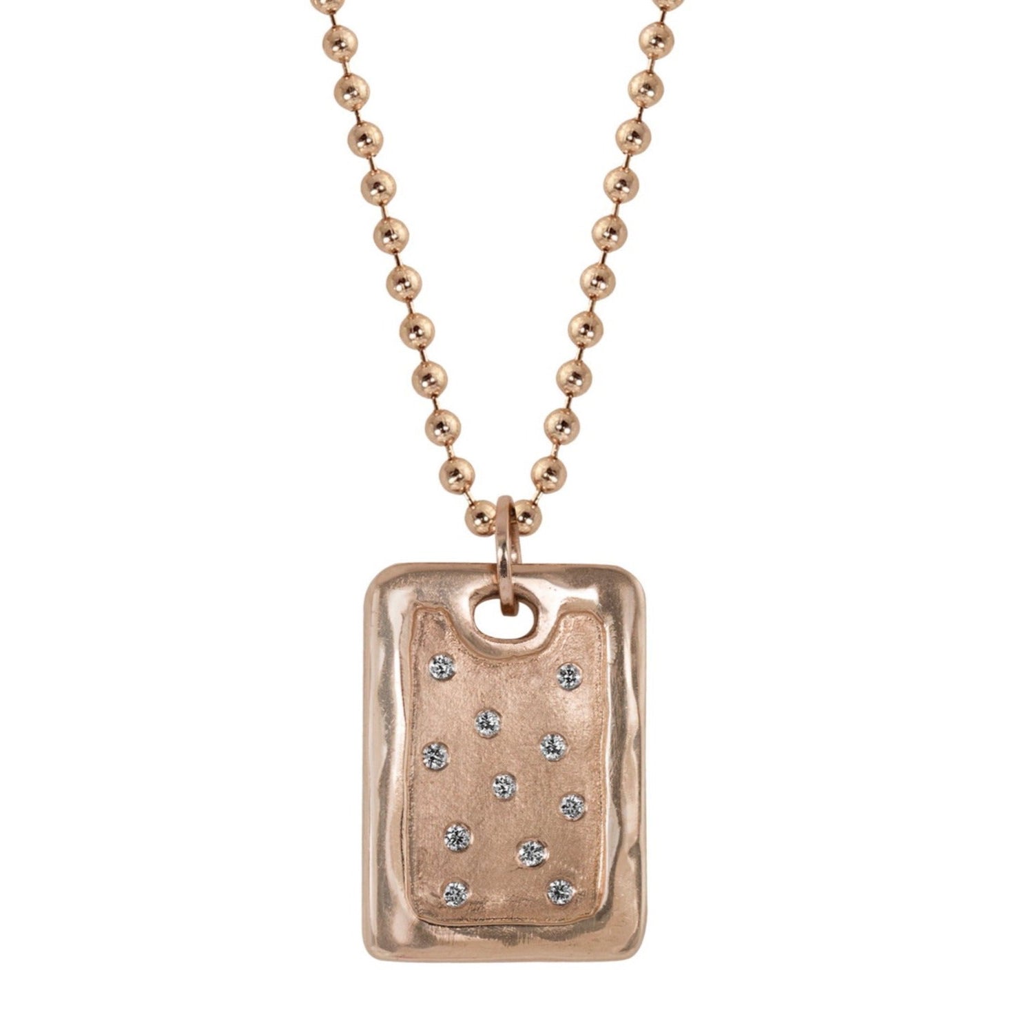 14k rose gold necklace with a rectangular pendant with scattered white diamonds on a ball chain on a white background