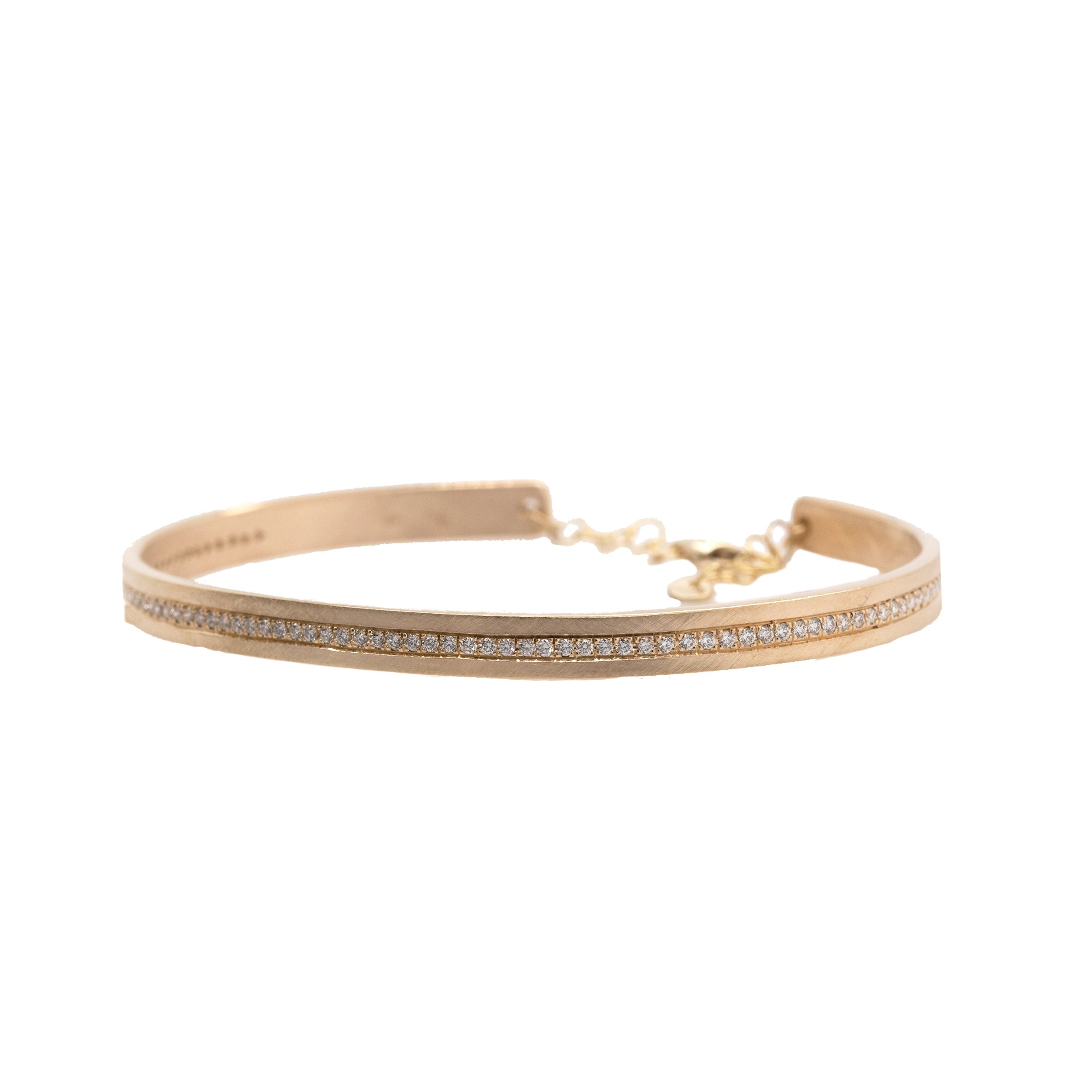 14k yellow gold pave set white diamond cuff bracelet with an adjustable chain on white background