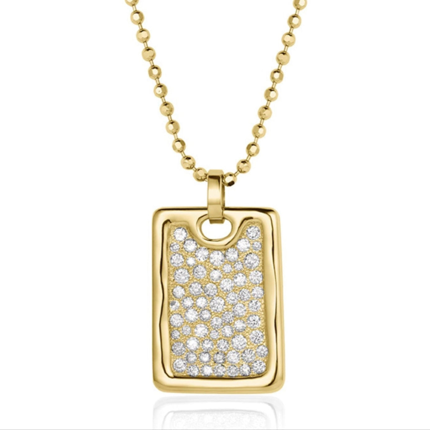 14k Gold necklace with a large rectangular dog tag pendant featuring polished edge and sparkling bead set diamonds on a white background
