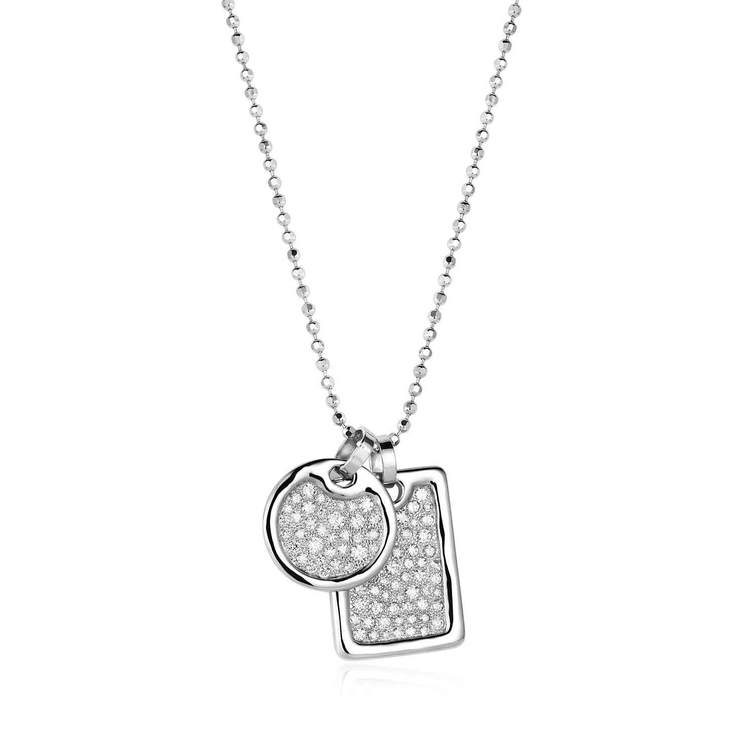 14k white gold round and rectangular pendant featuring scattered white diamonds and beaded texture on a diamond cut ball chain on a white background