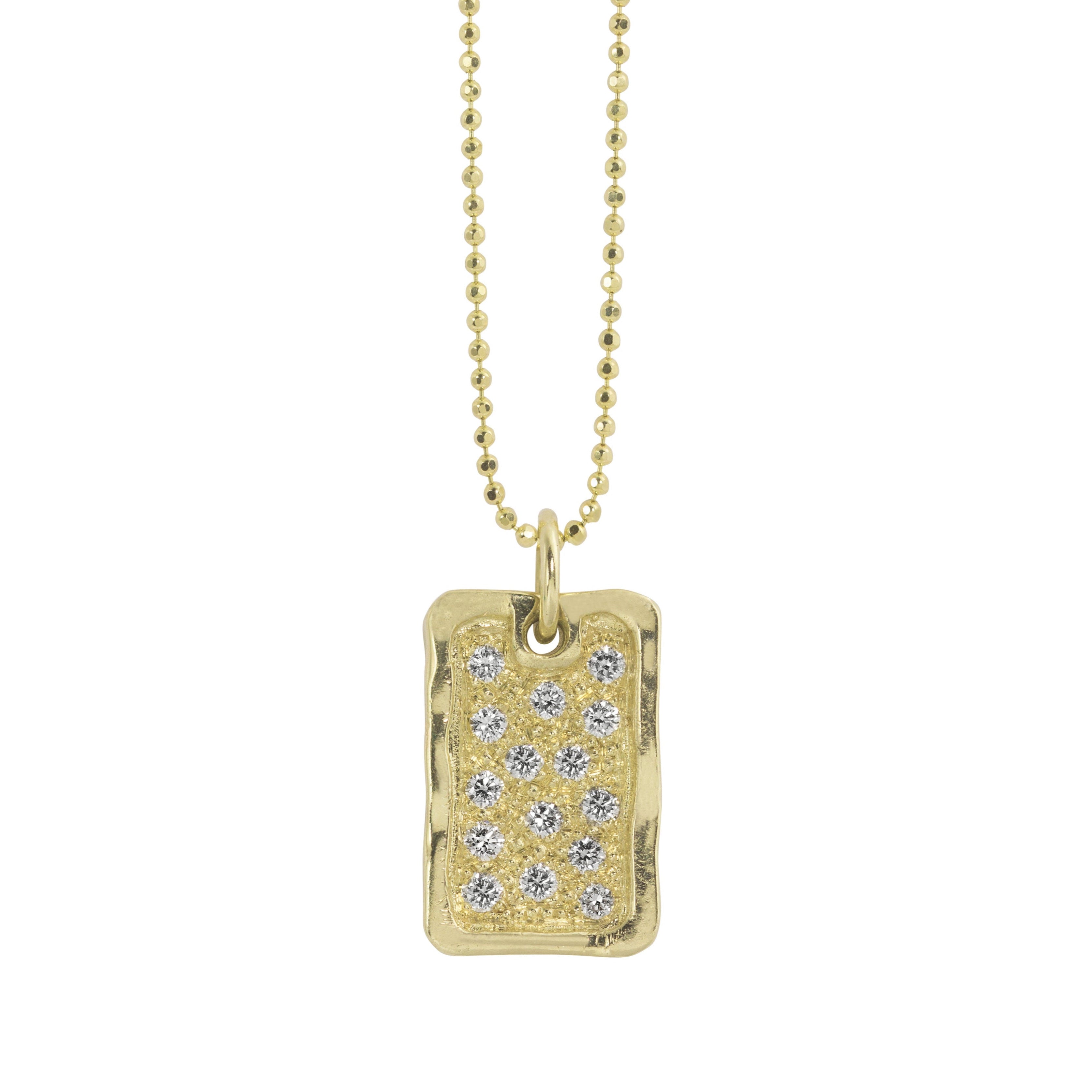 14k gold rectangular dog tag with beaded finish and scattered white diamonds wavy polished border hanging on ball chain shown on white background