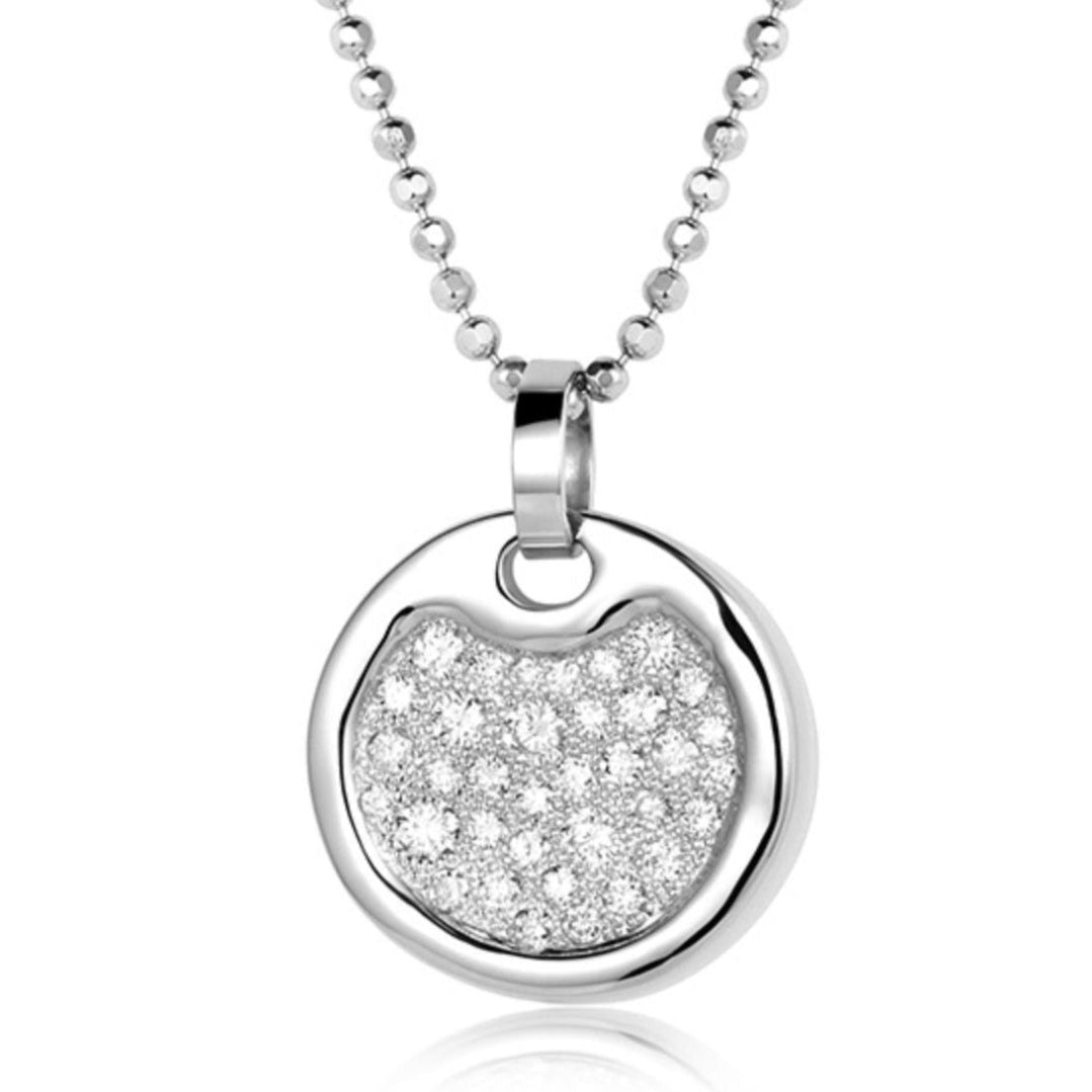 White gold necklace with a polished round pendant featuring sparkling bead set diamonds on a white background