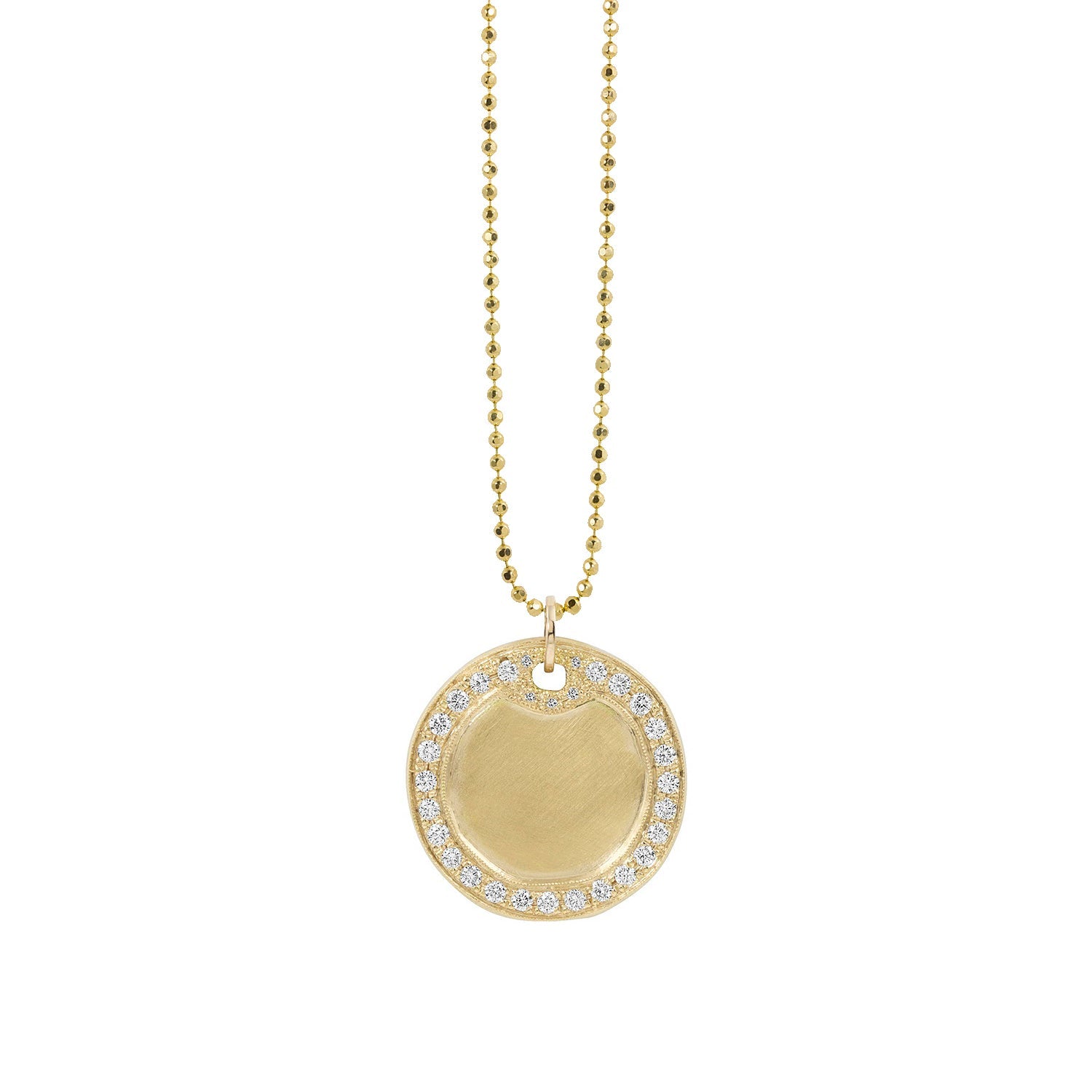 14k gold medallion pendant featuring white diamond halo border satin finish interior surface perfect for engraving, hanging from dainty diamond ball chain shown on white background