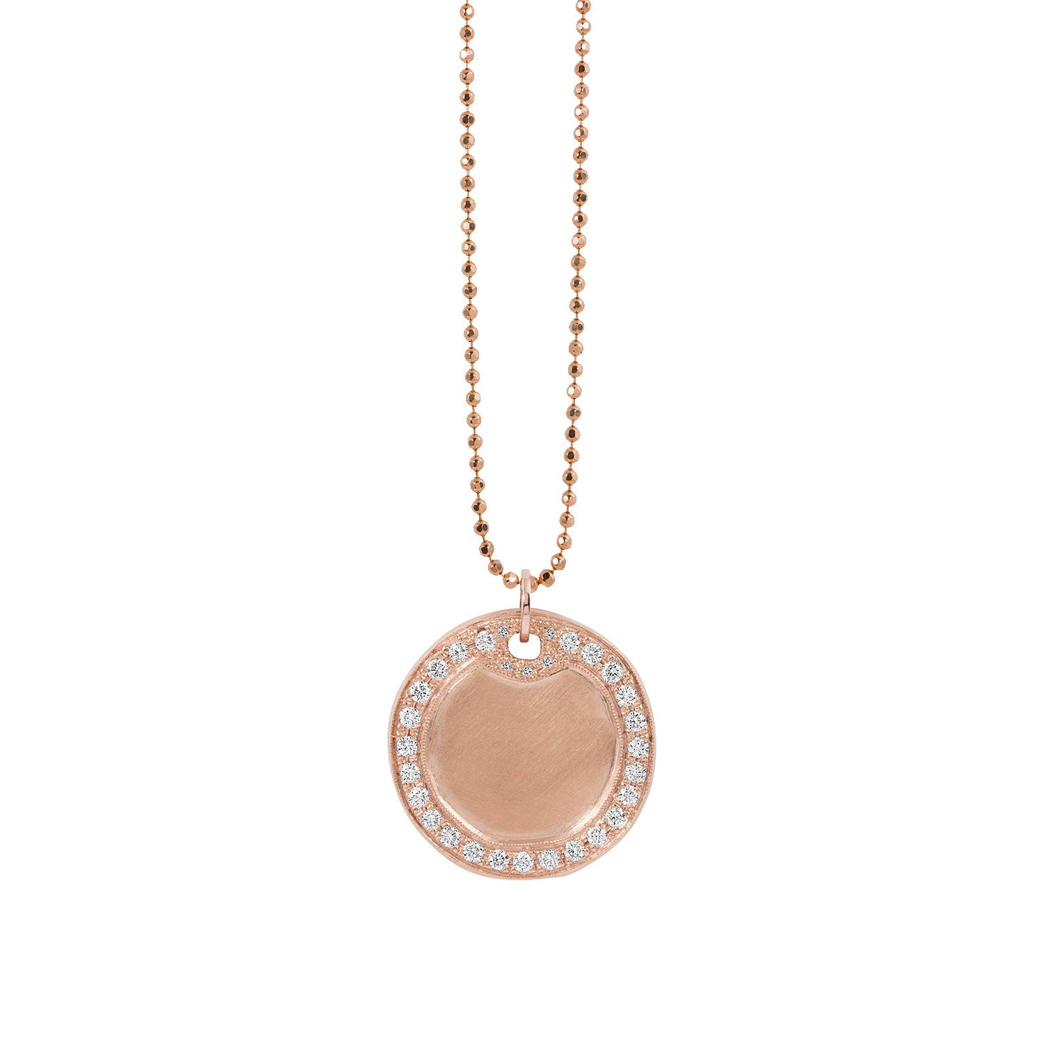 14k rose gold medallion pendant featuring white diamond halo border satin finish interior surface perfect for engraving, hanging from dainty diamond ball chain shown on white background