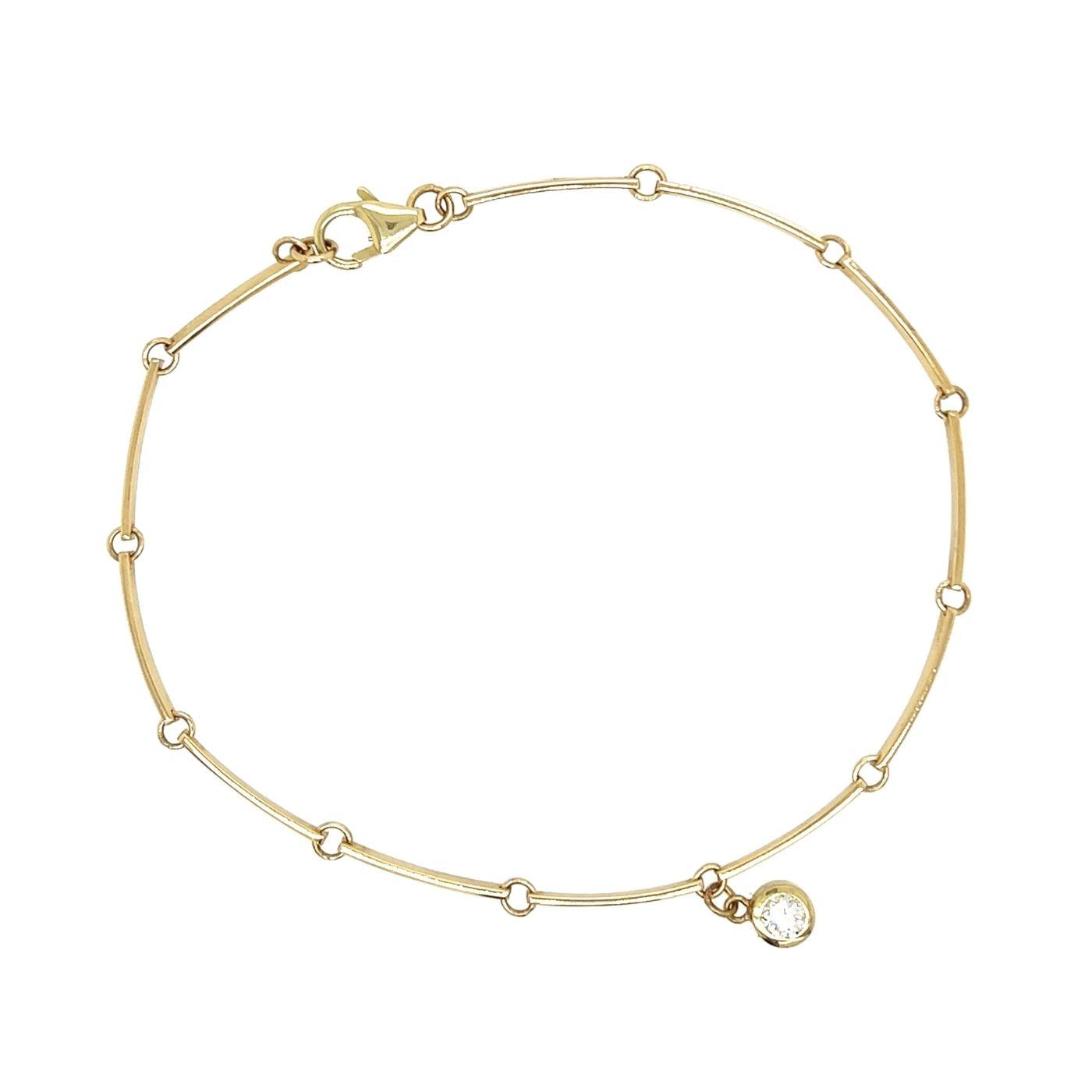 14k yellow gold flat bar link bracelet with bezel set white diamond charm on white background