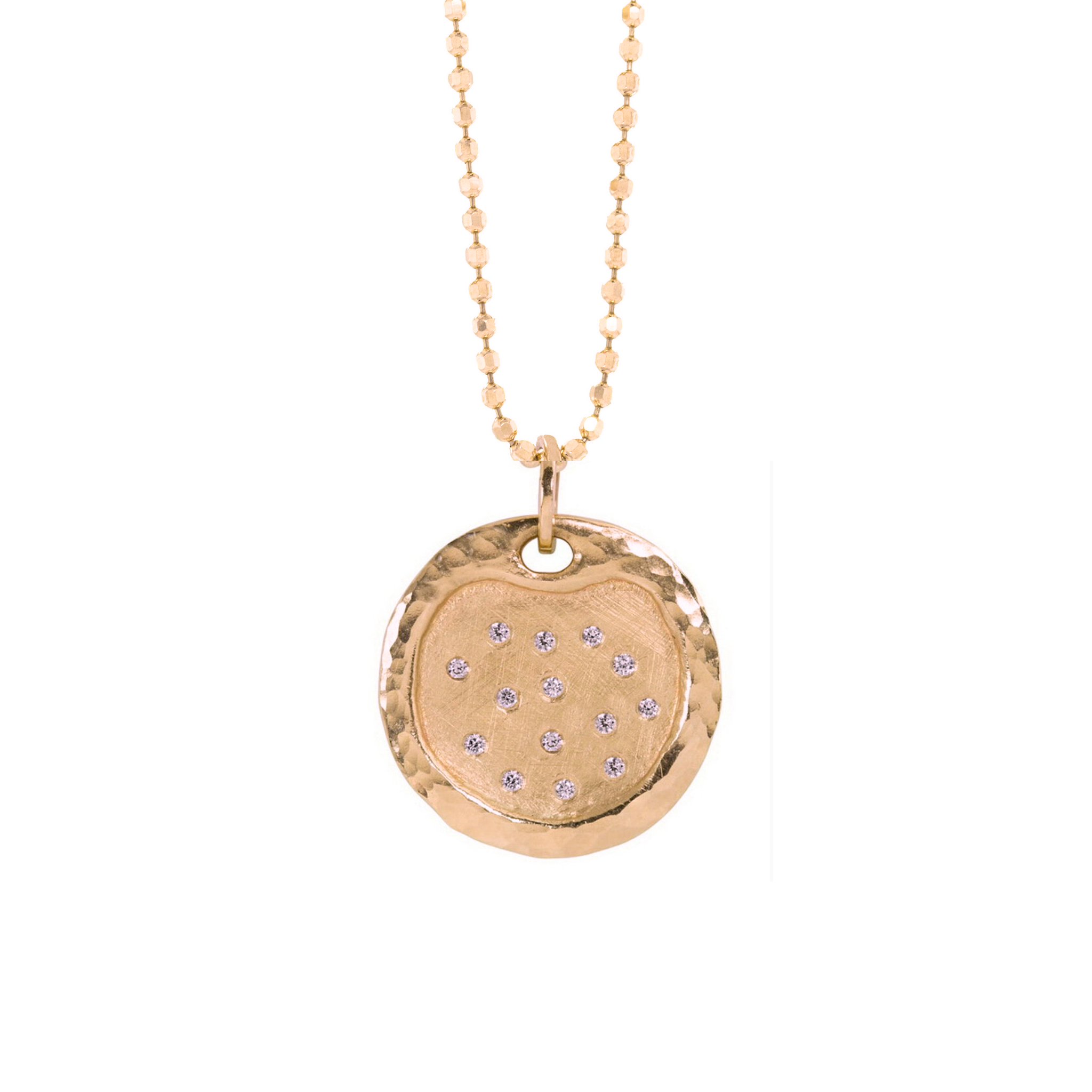 14k rose gold round pendant featuring hammered texture border with burnish set white diamonds hanging on diamond cut ball chain shown on white background.