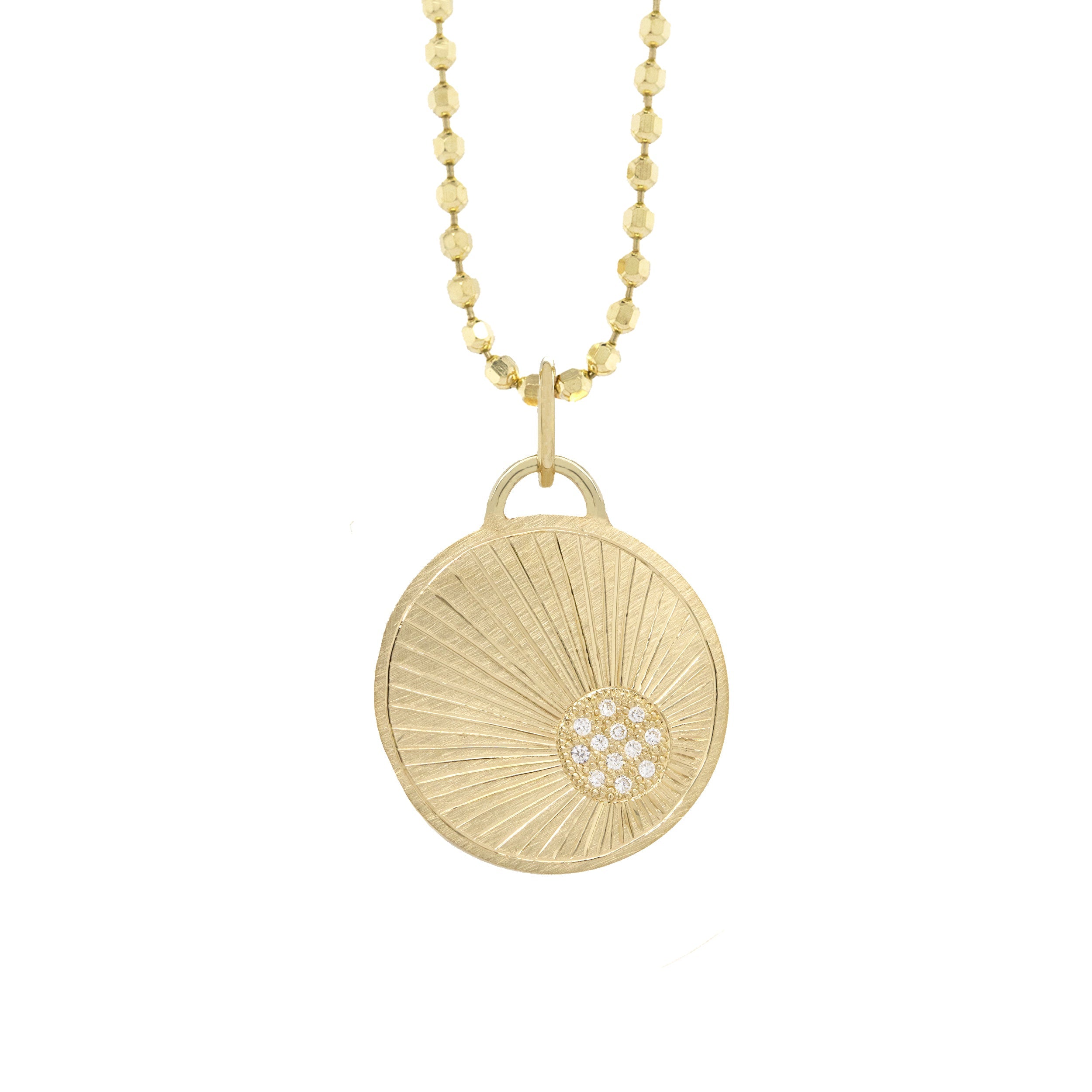 14k yellow gold round pendant with hand etching and white diamond sunburst on diamond cut ball chain on a white background