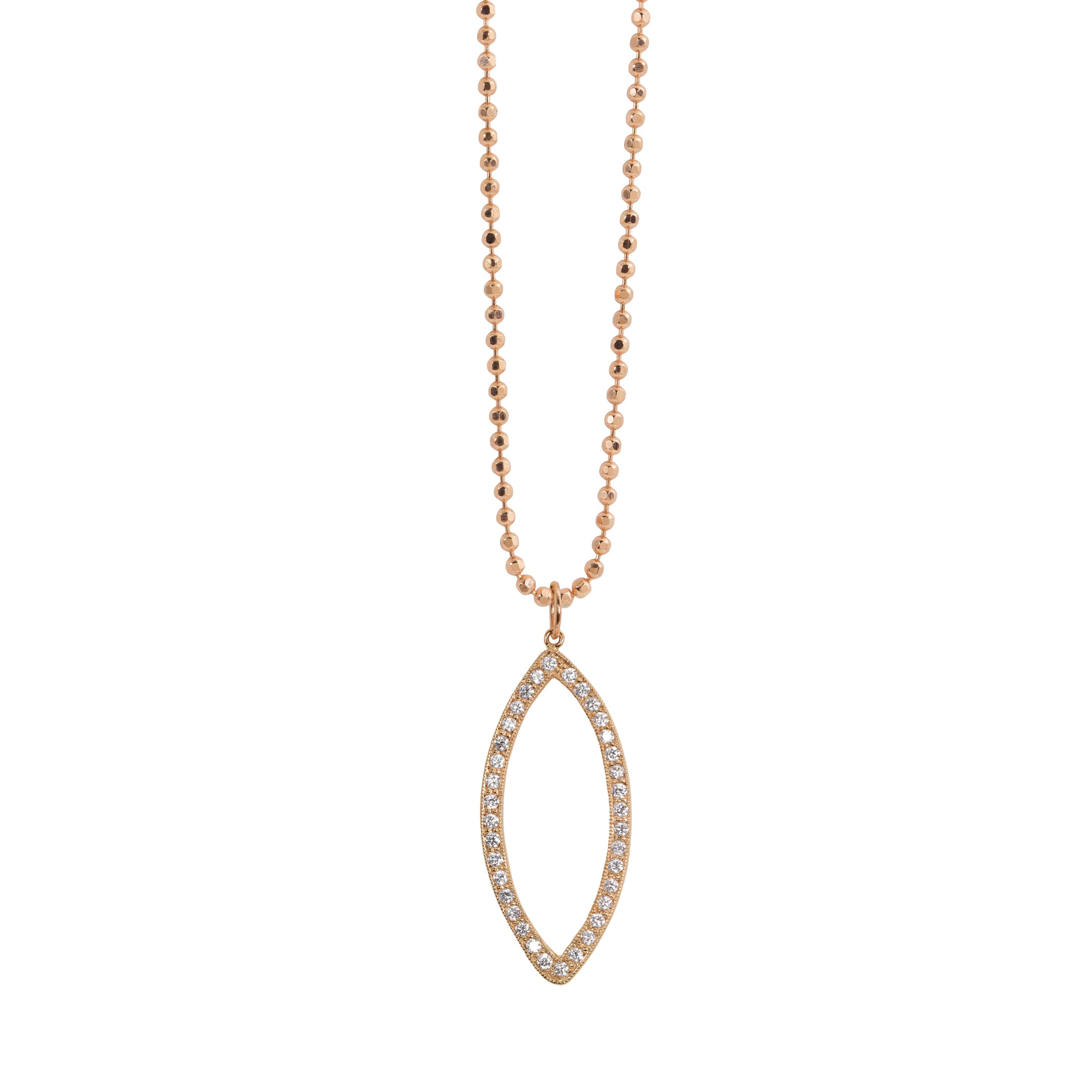14k rose Gold necklace with an open marquise-shaped pendant with white diamonds on a diamond cut ball chain on a white background