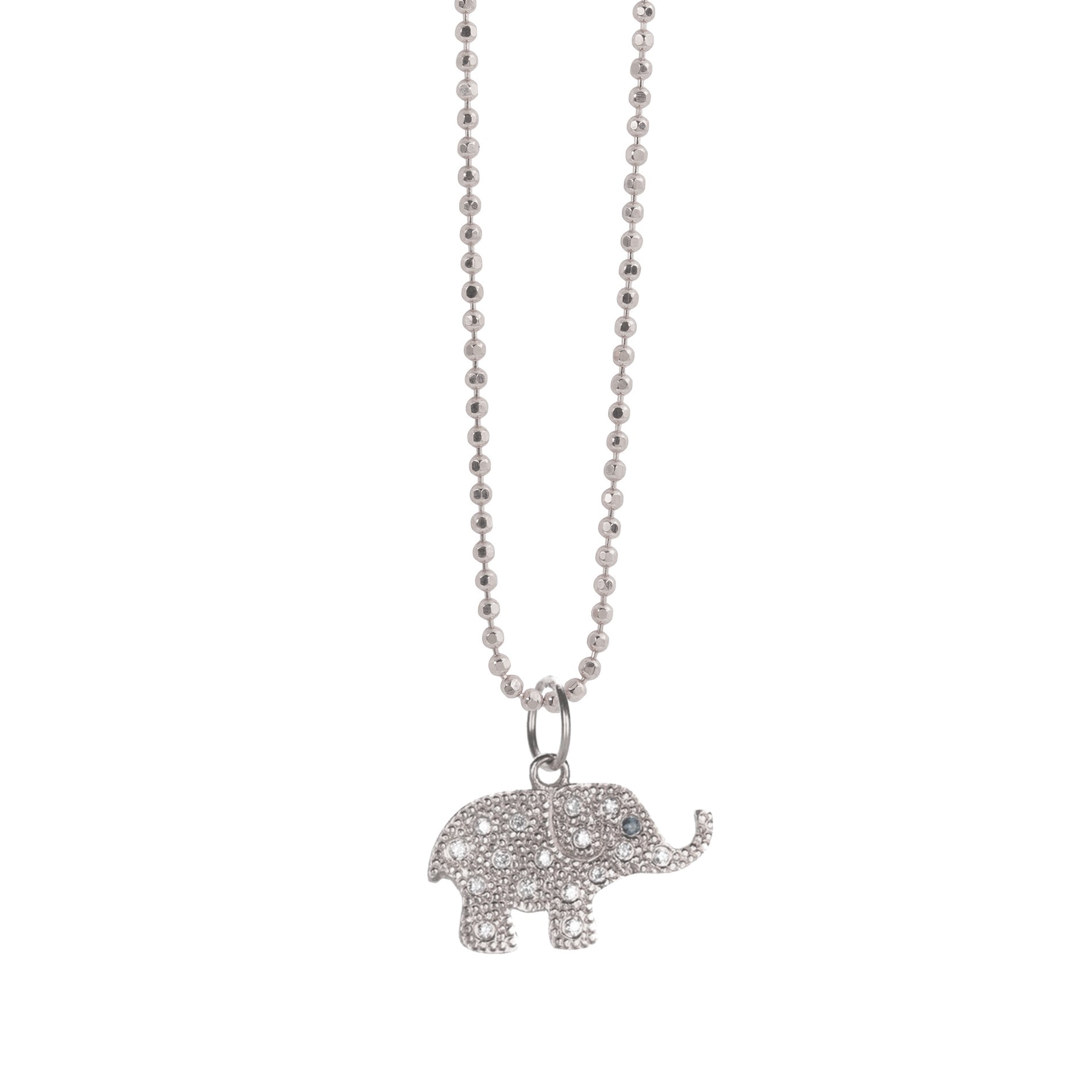 14k white gold elephant pendant with beaded textures and scattered gemstones on diamond cut ball chain on a white background