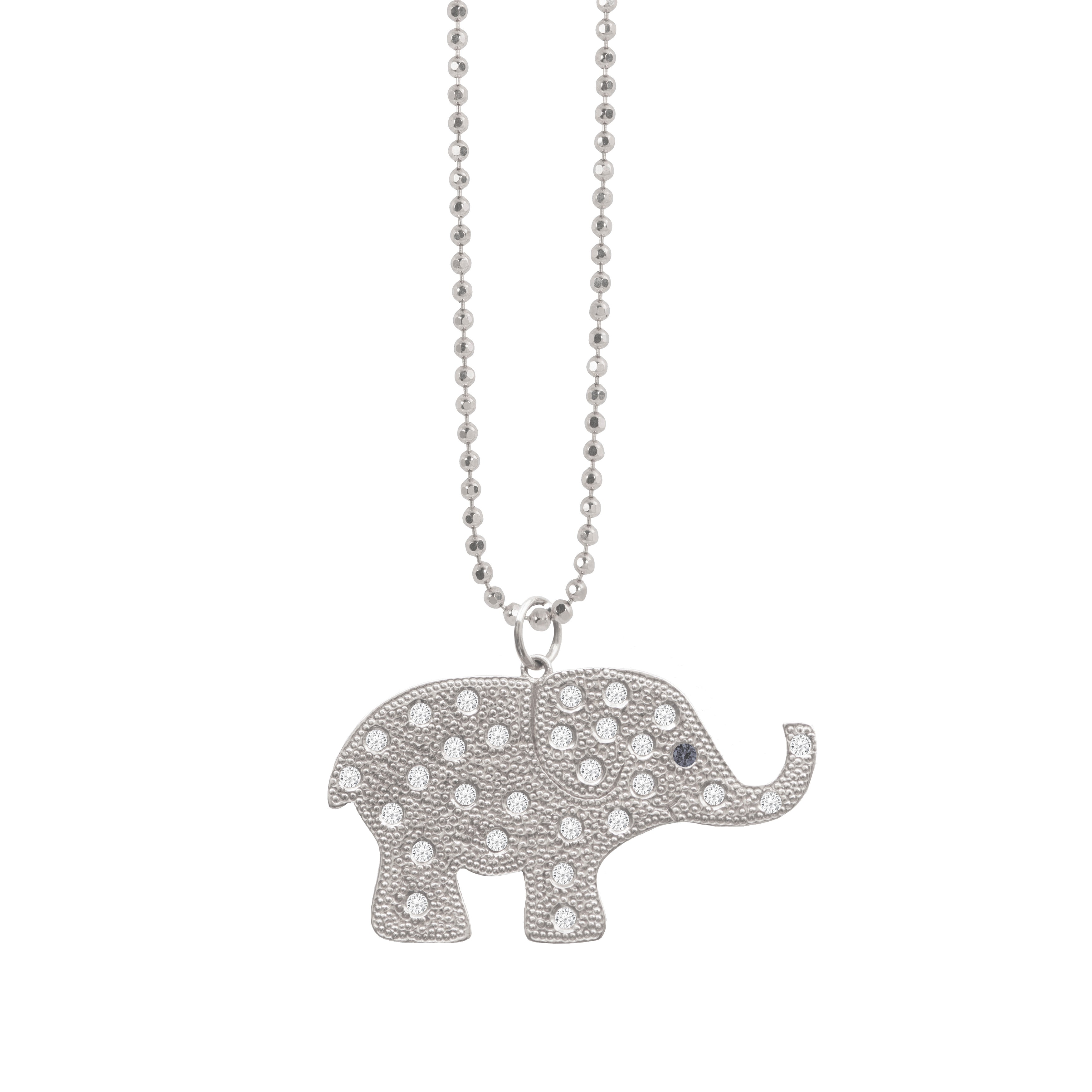 14k white gold beaded elephant pendant with gemstones on a diamond cut ball chain on a white background
