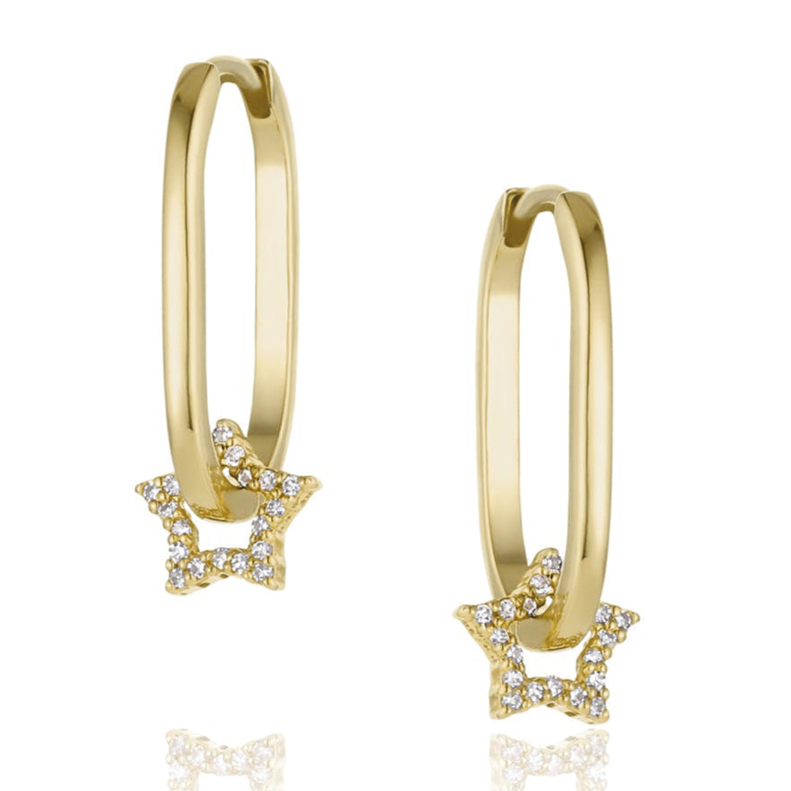 ELSI 14k Gold Oval Hinged Hoops with Pave Diamond Star Charms