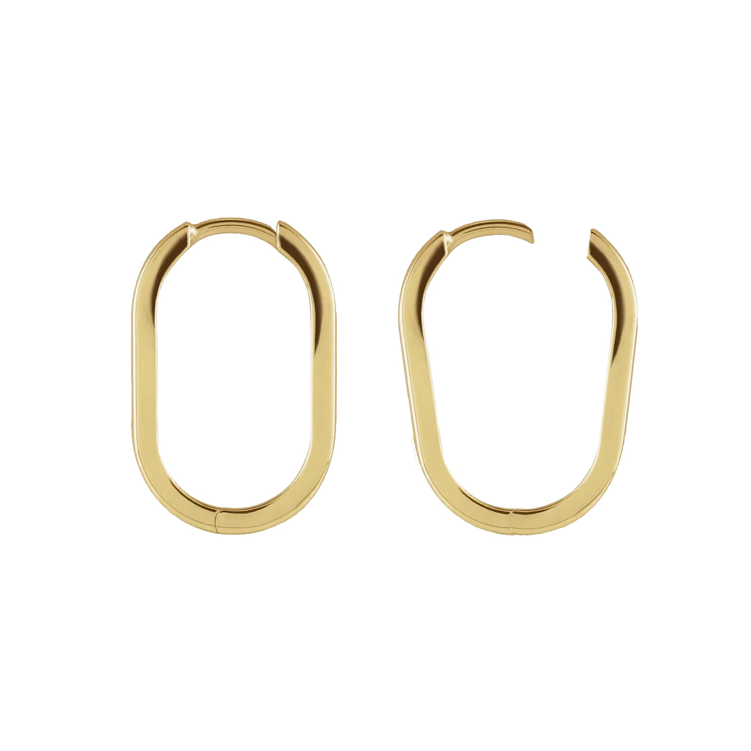 14k yellow gold oval hinged hoop earring shown open and closed on white background