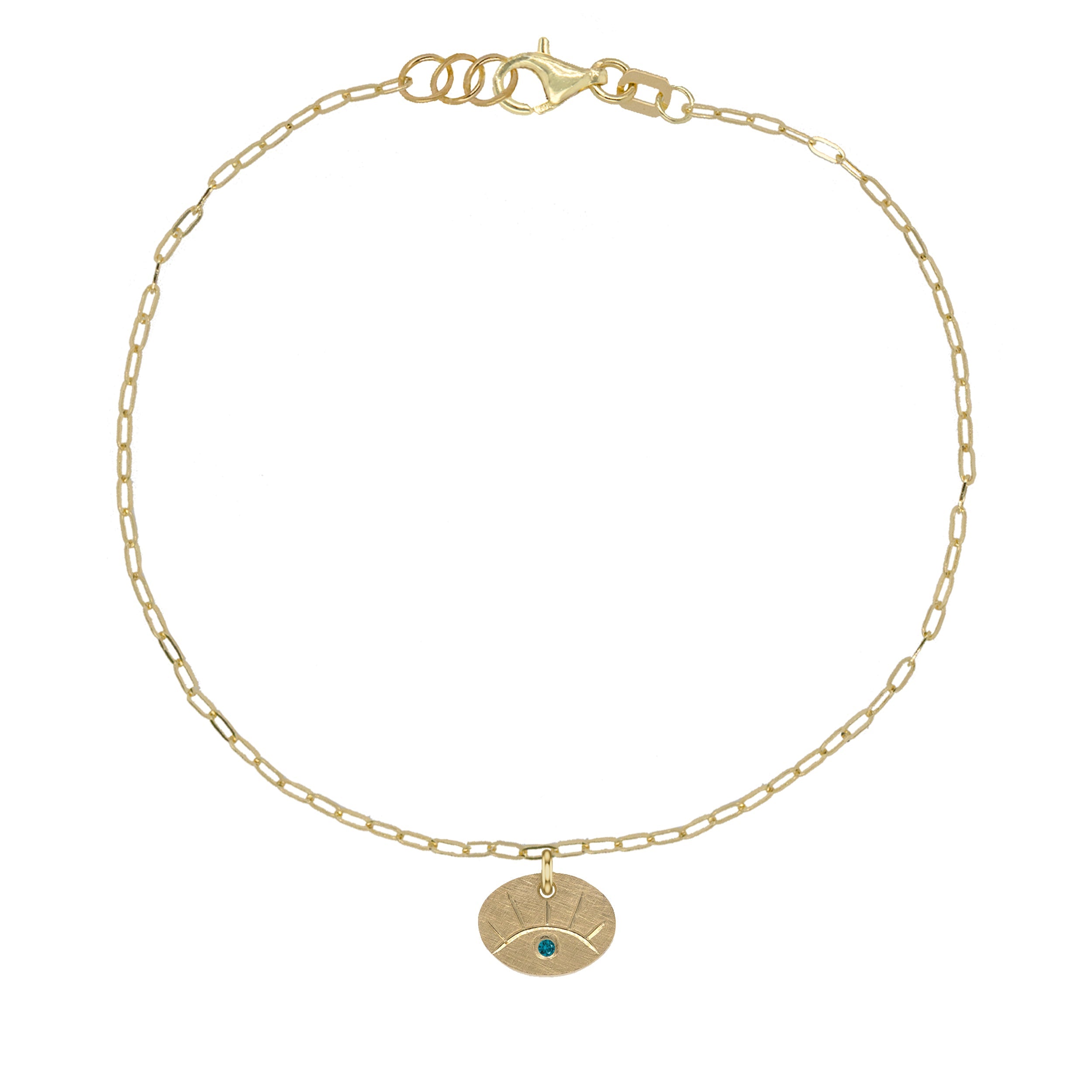 14k yellow gold teeny tiny eye charm bracelet with paperclip link chain and teal diamond accent on white background