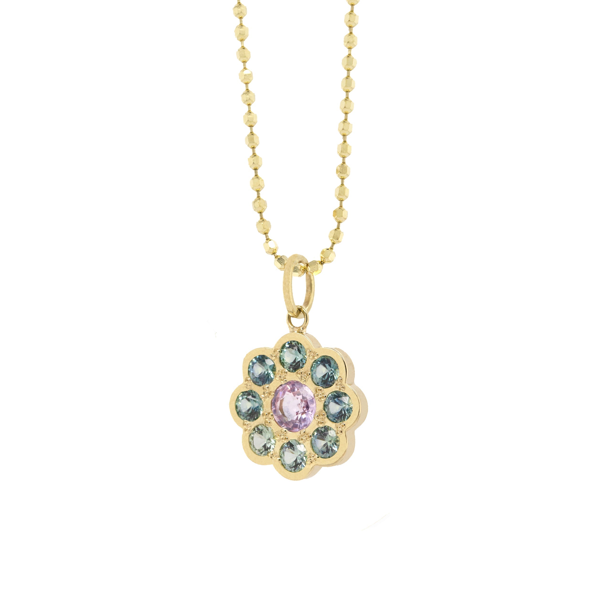 14k yellow gold floral pendant featuring multicolored gemstones on diamond cut ball chain on a white background
