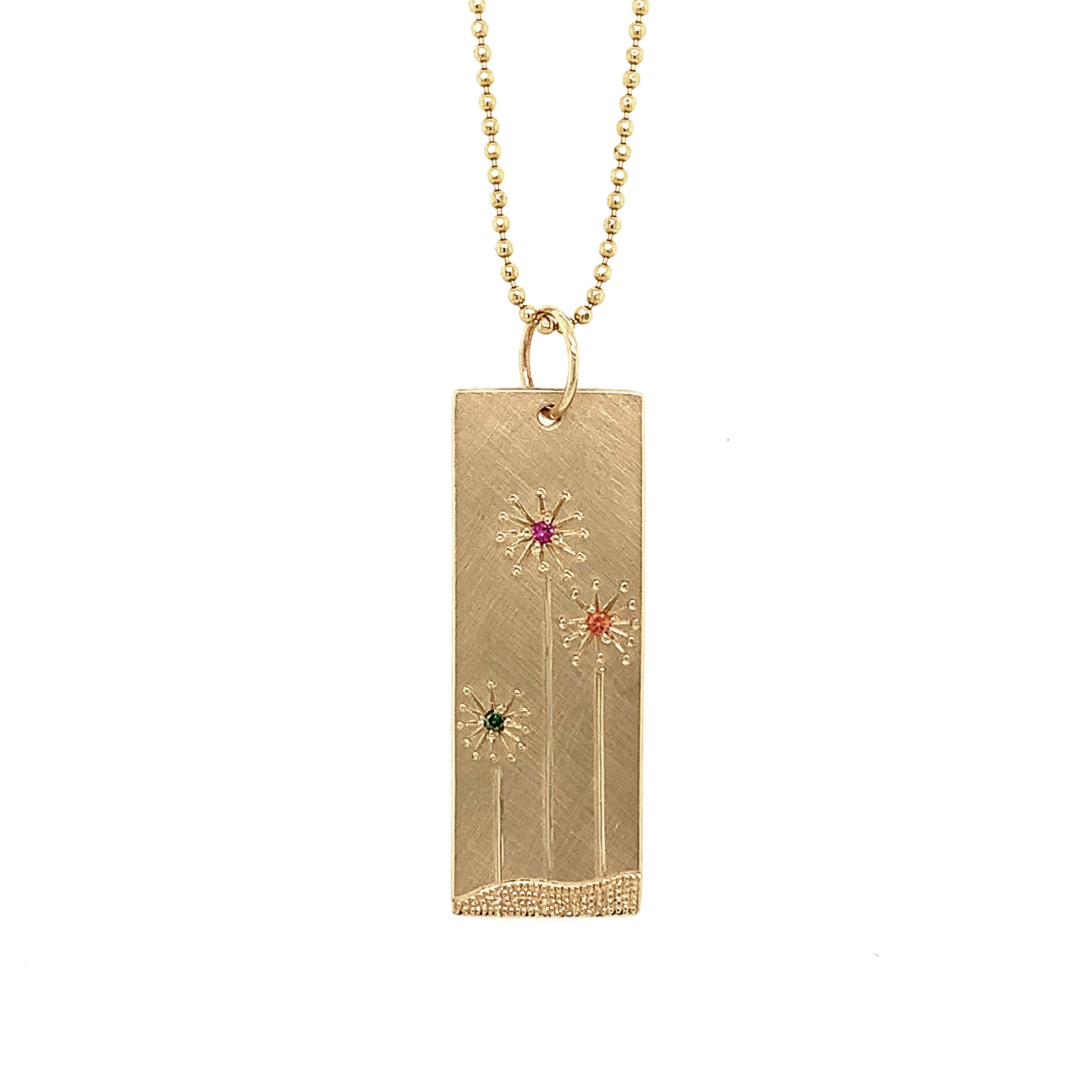 14k yellow gold rectangular pendant with floral sapphire etching on diamond cut ball chain on a white background