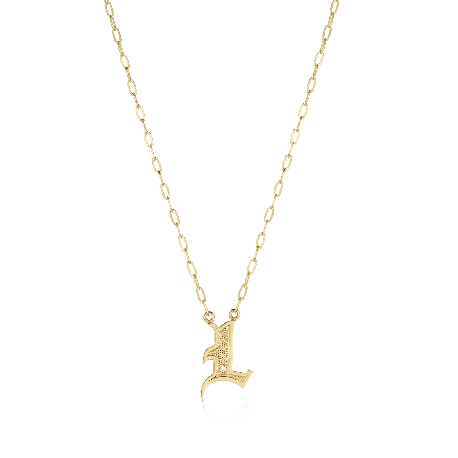Image of a gothic letter "L" pendant necklace on paperclip chain with a white background.