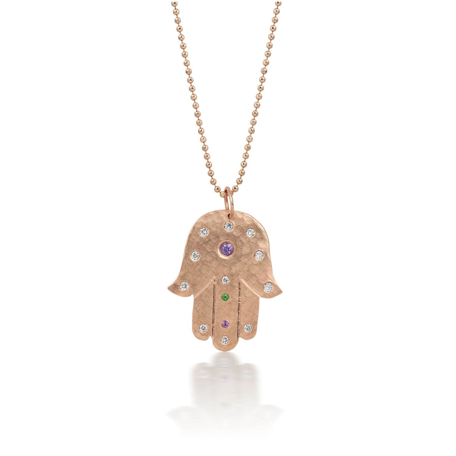 14k rose gold Hamsa hand pendant with embedded colored gemstones on a ball chain on a white background