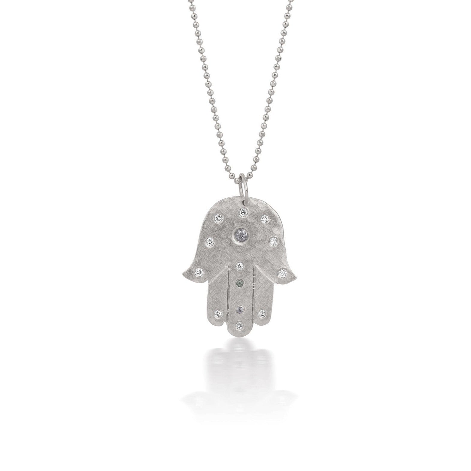 14k white gold Hamsa hand pendant with embedded colored gemstones on a ball chain on a white background