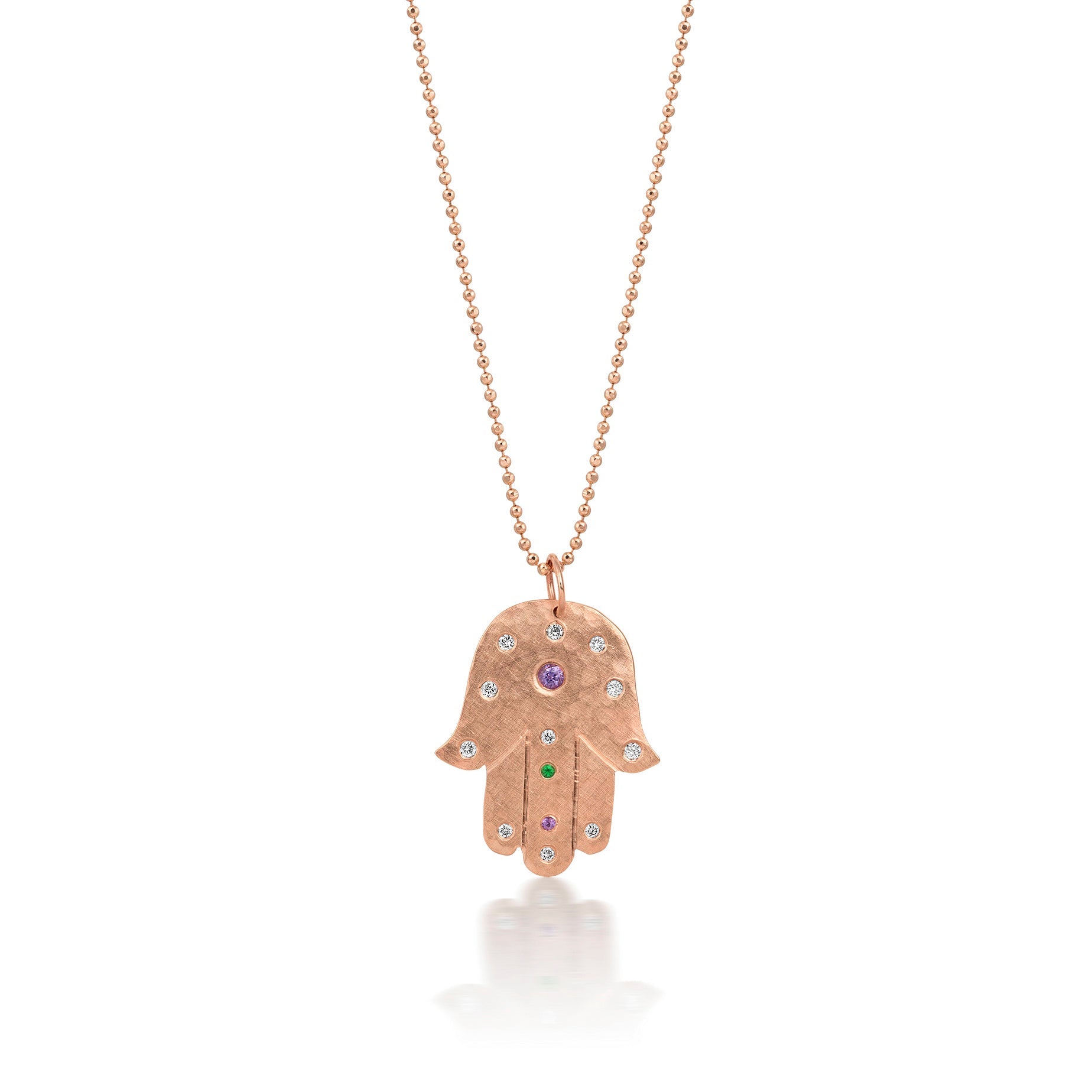14k rose gold Hamsa hand pendant with embedded colored gemstones on a ball chain on a white background