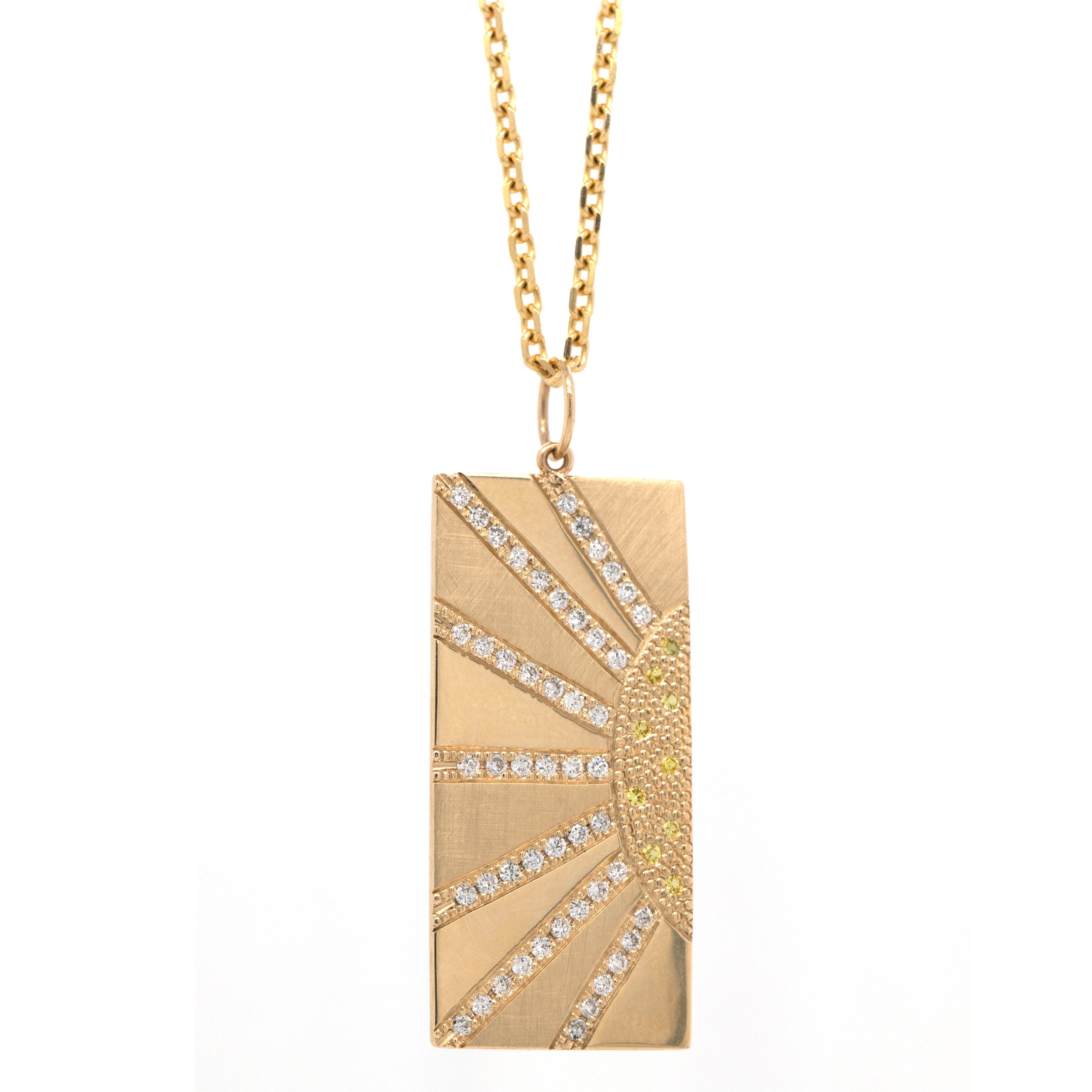14k yellow gold rectangular sunray pendant with white and yellow diamond accents on a diamond cut rolo chain on a white background