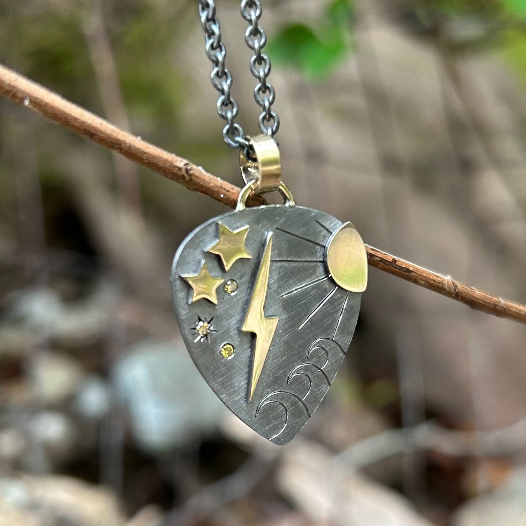 JAKE Blackened Sterling Silver Guitar Pick Pendant with 14k Gold Accents