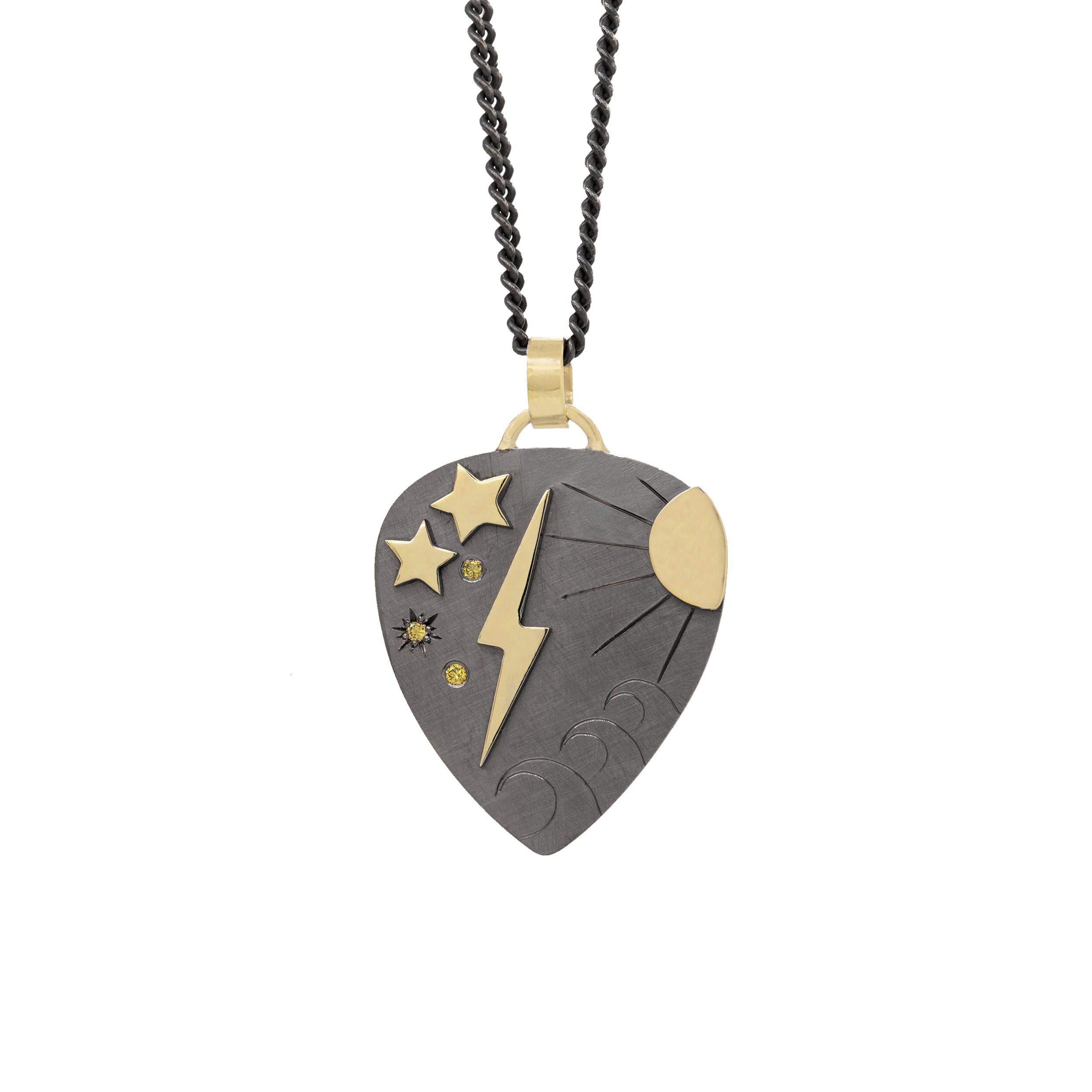 JAKE Blackened Sterling Silver Guitar Pick Pendant with 14k Gold Accents