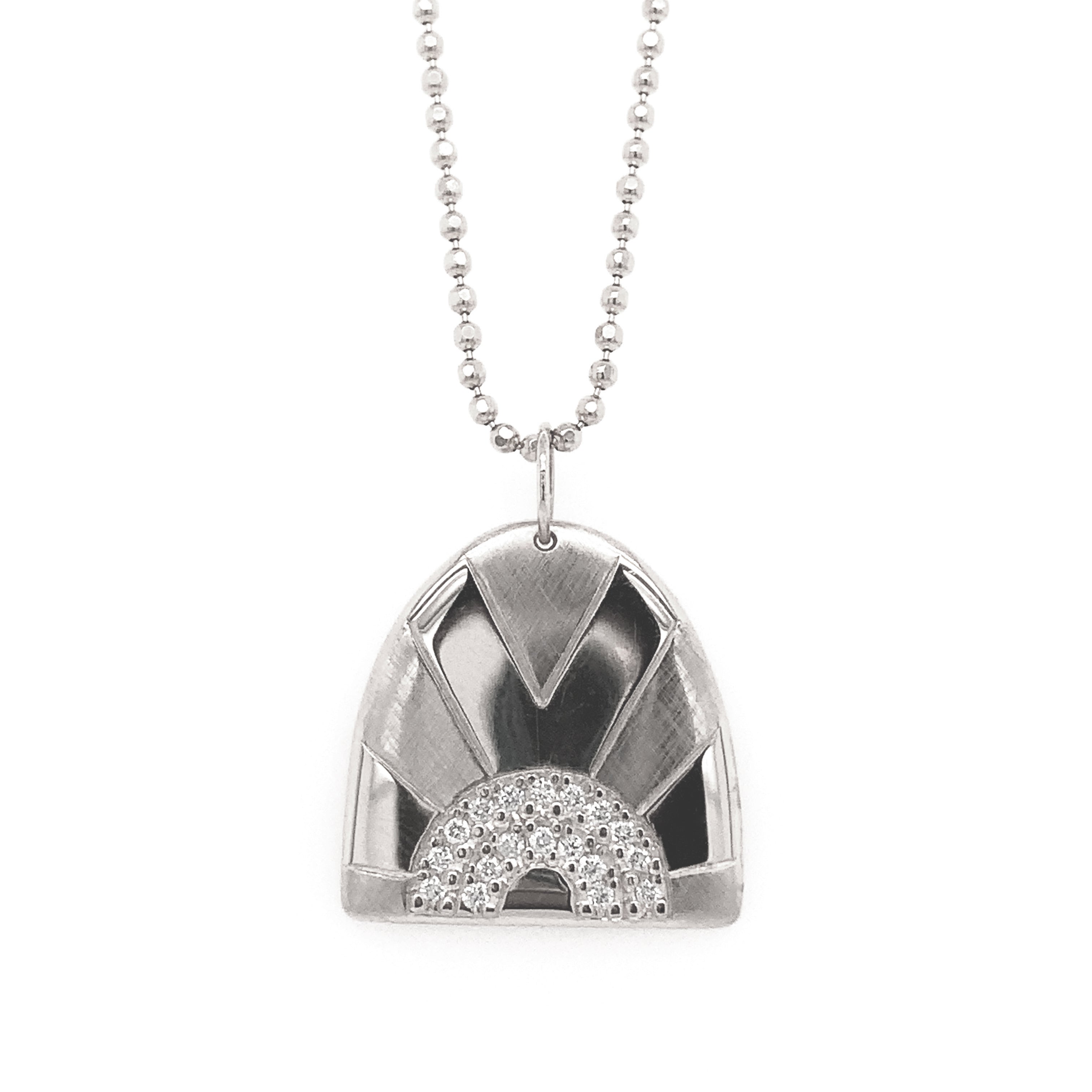 14k white gold JONI medium half dome pendant with alternating shiny and satin finish and white diamond rainbow on diamond cut ball chain on white background